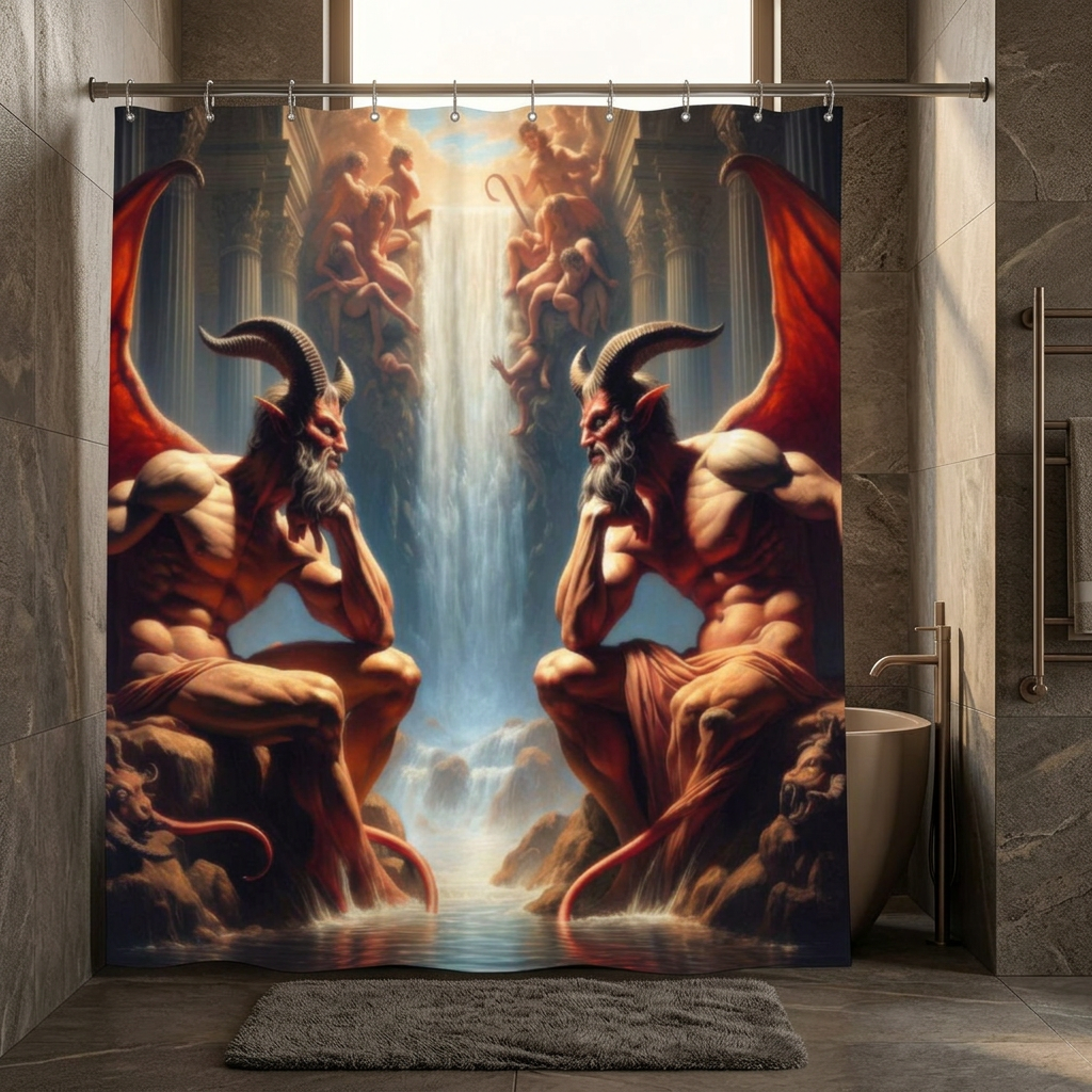 Pensive Demons shower curtain in a charcoal and bronze bathroom