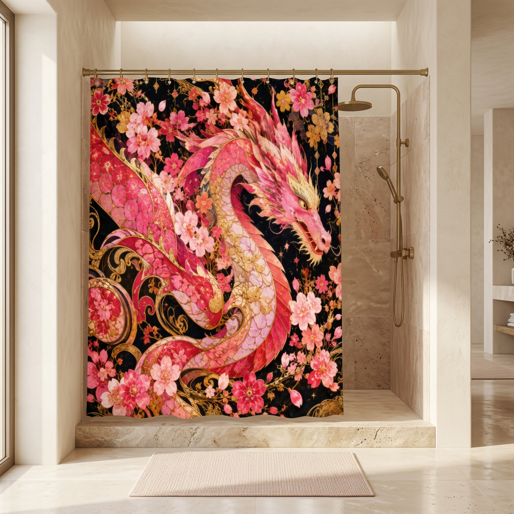 Pink and Gold Sakura Dragon curtain in a walk-in shower