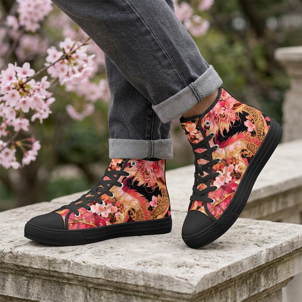 Pink and Gold Sakura Dragon high top shoes lifestyle image
