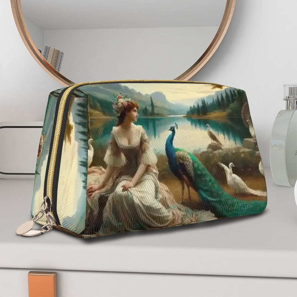 Portrait of a Lady and a Peacock Large Leather Makeup Bag - Gregg Acini Adoree Designs - Bags