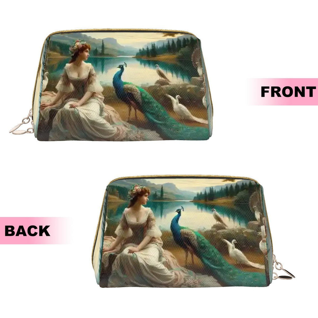Portrait of a Lady and a Peacock Large Leather Makeup Bag - Gregg Acini Adoree Designs - Bags