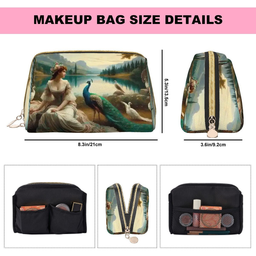 Portrait of a Lady and a Peacock Large Leather Makeup Bag - Gregg Acini Adoree Designs - Bags