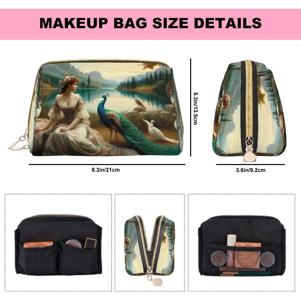 Portrait of a Lady and a Peacock Large Leather Makeup Bag - Gregg Acini Adoree Designs - Bags