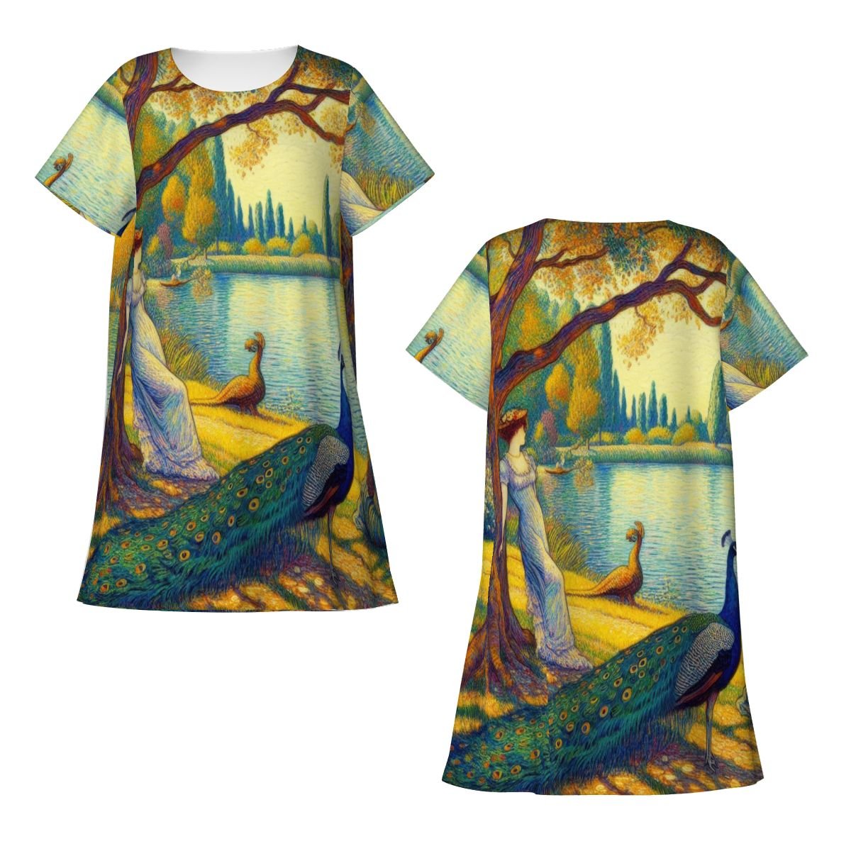Portrait of a Lady and a Peacock Loose Short - Sleeve Nightgown - Gregg Acini Adoree Designs - Women's Pajamas
