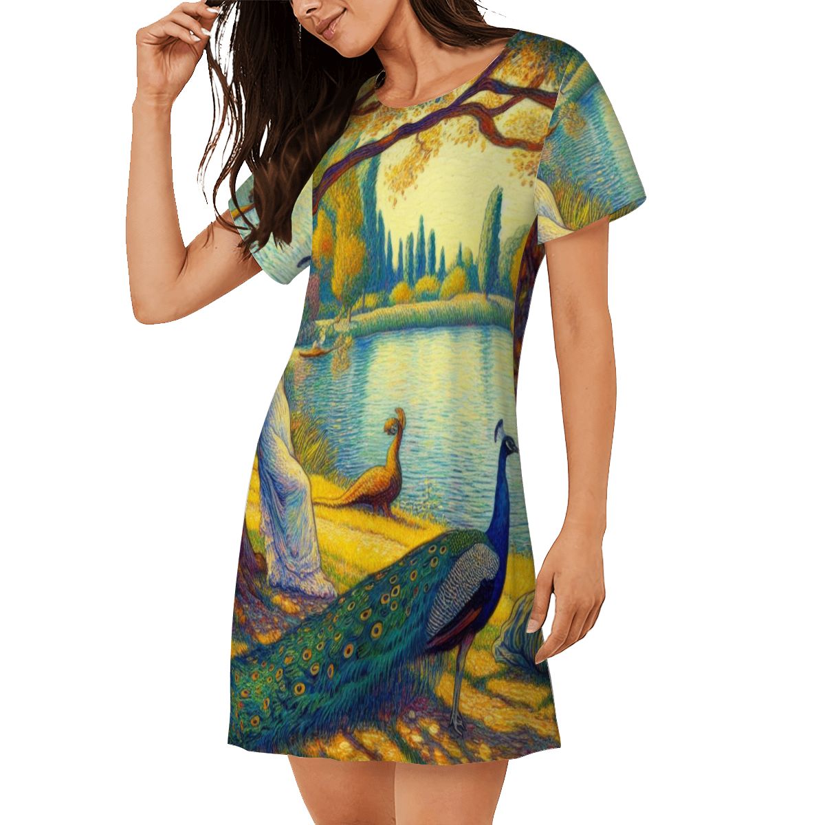 Portrait of a Lady and a Peacock Loose Short - Sleeve Nightgown - Gregg Acini Adoree Designs - Women's Pajamas