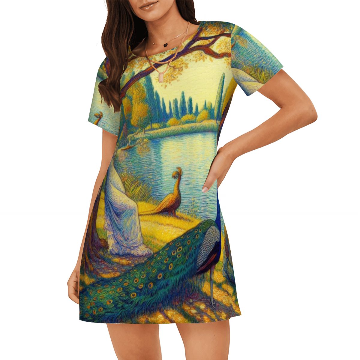 Portrait of a Lady and a Peacock Loose Short - Sleeve Nightgown - Gregg Acini Adoree Designs - Women's Pajamas