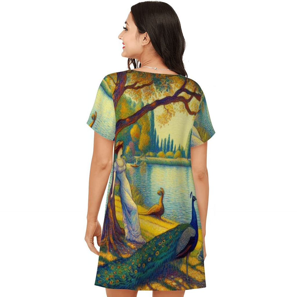 Portrait of a Lady and a Peacock Loose Short - Sleeve Nightgown - Gregg Acini Adoree Designs - Women's Pajamas