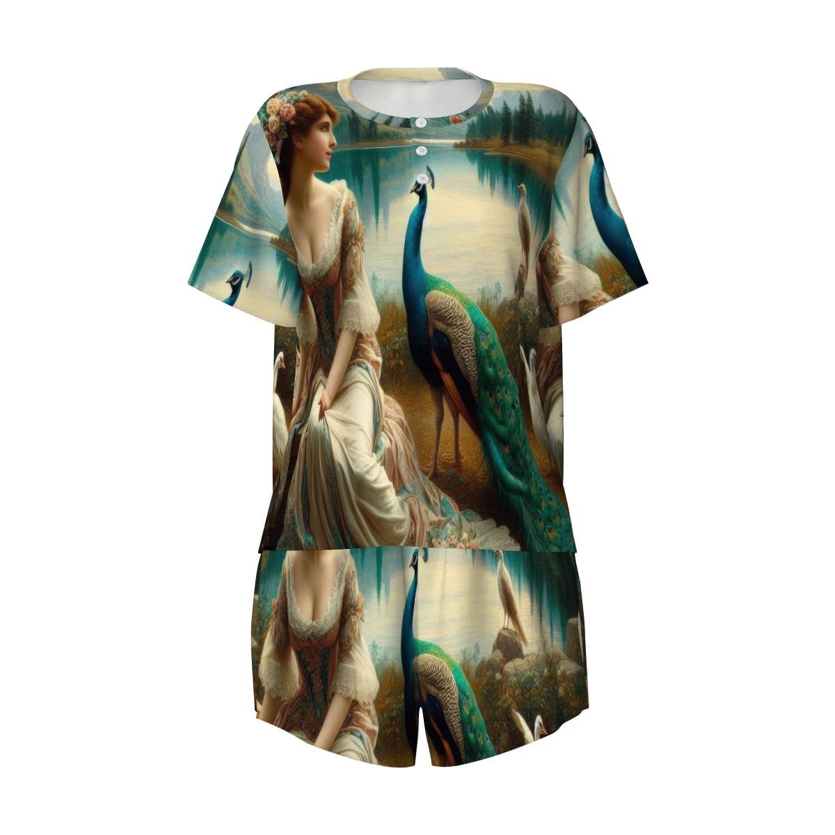 Portrait of a Lady and a Peacock Pajama Set for Women Crew Neck Short Sleeve - Gregg Acini Adoree Designs - Women's Pajamas