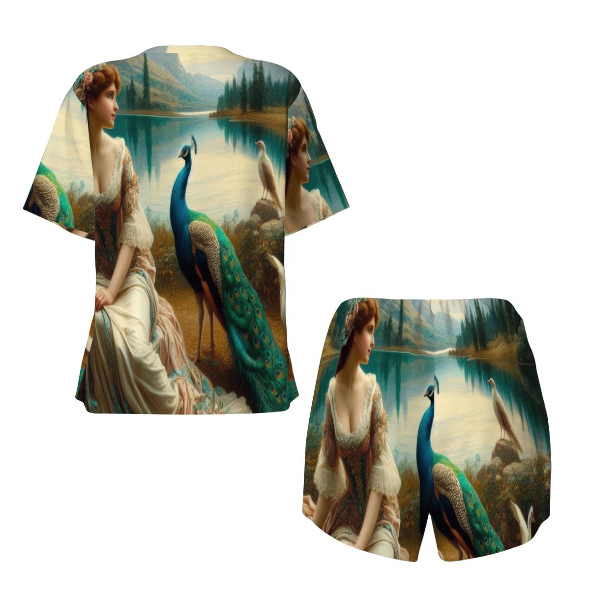 Portrait of a Lady and a Peacock Pajama Set for Women Crew Neck Short Sleeve - Gregg Acini Adoree Designs - Women's Pajamas