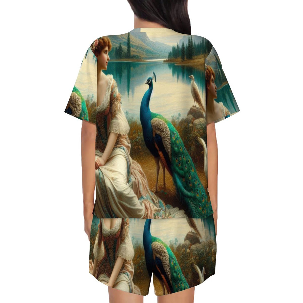 Portrait of a Lady and a Peacock Pajama Set for Women Crew Neck Short Sleeve - Gregg Acini Adoree Designs - Women's Pajamas
