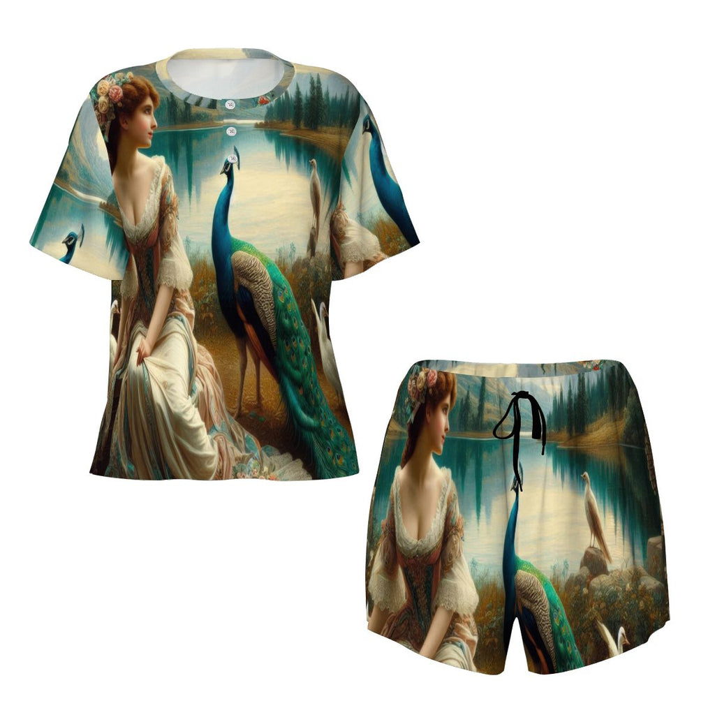 Portrait of a Lady and a Peacock Pajama Set for Women Crew Neck Short Sleeve - Gregg Acini Adoree Designs - Women's Pajamas