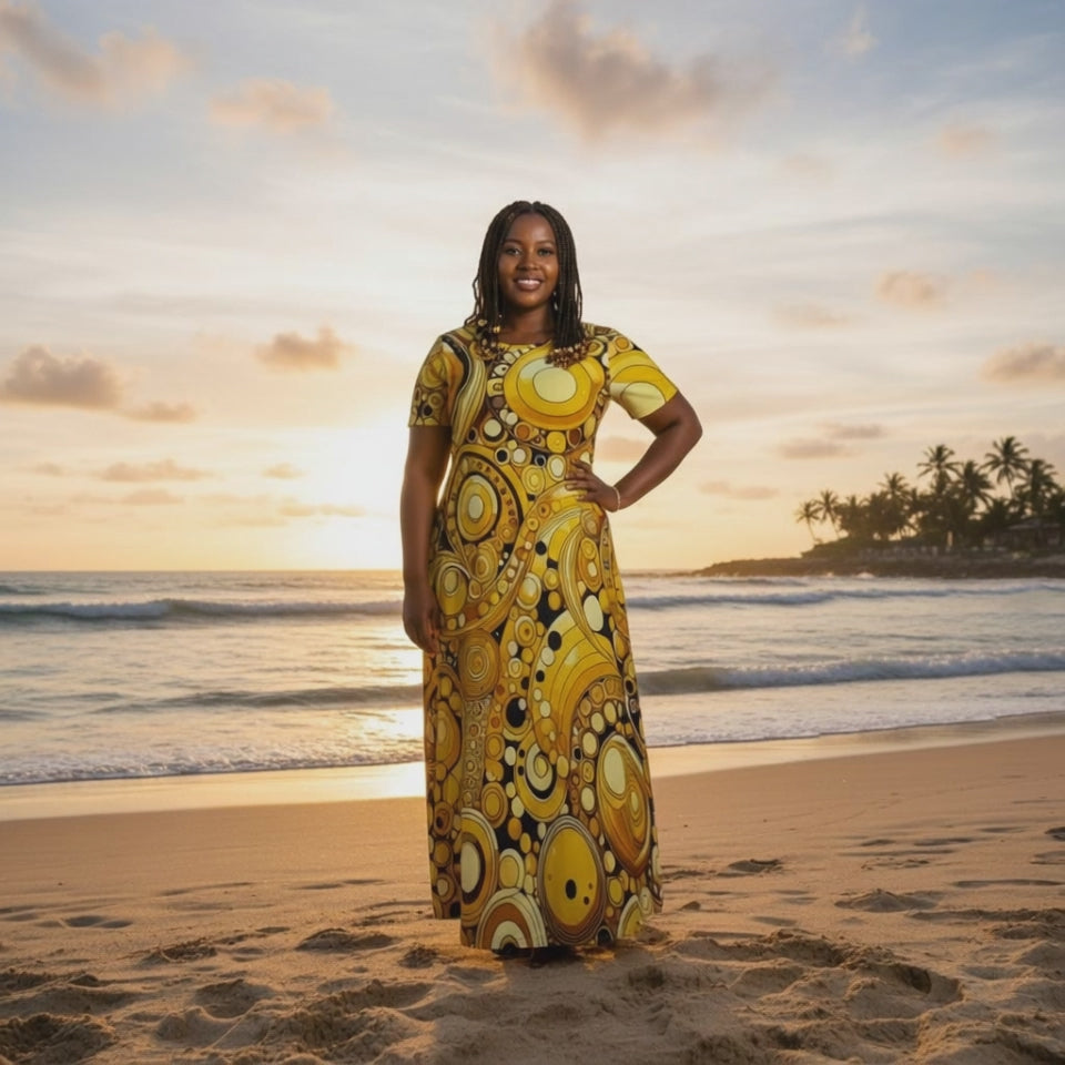 KL-Yellow1 Crew Neck Short Sleeve Maxi Dress
