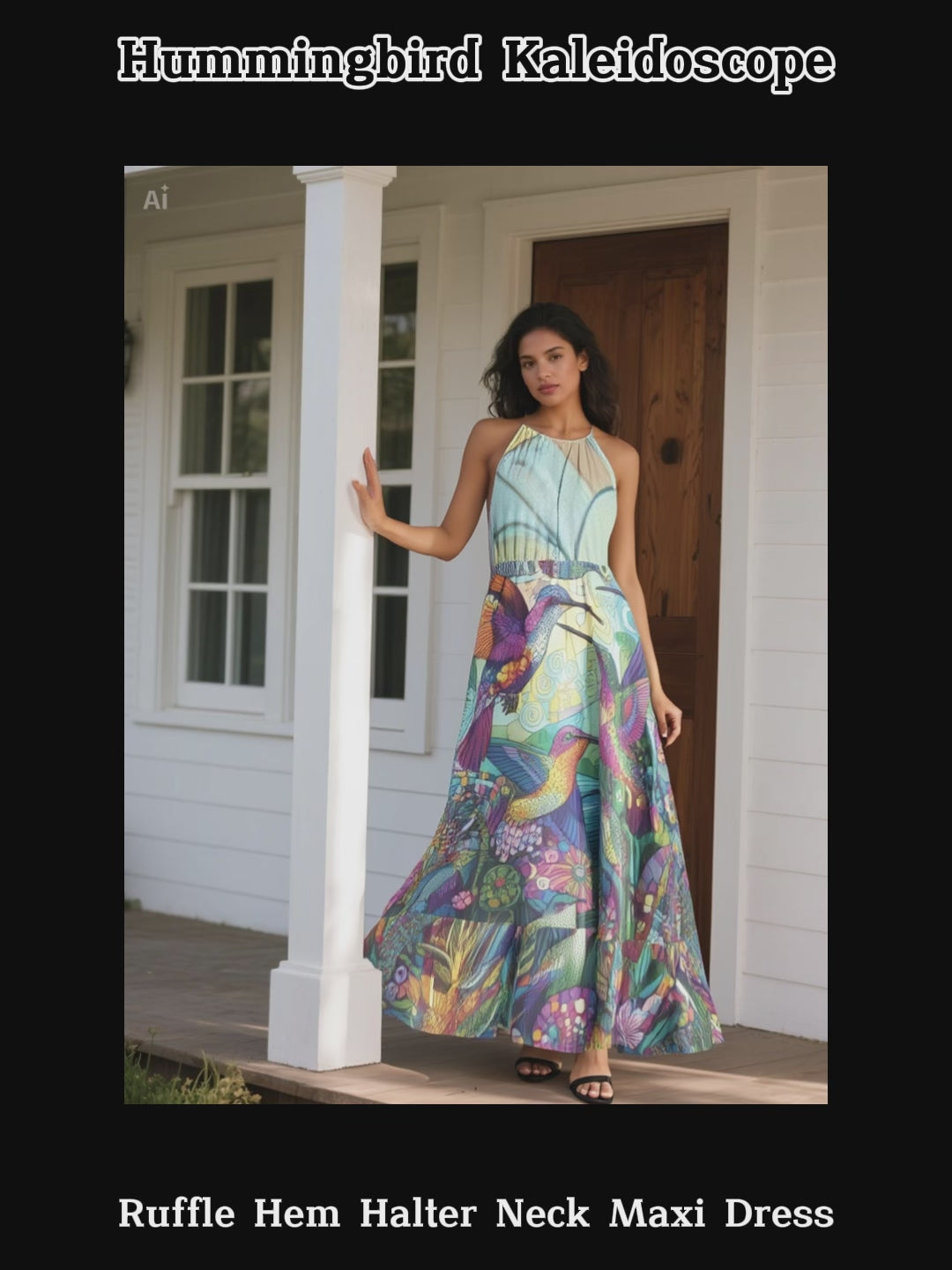 Hummingbird Kaleidoscope Ruffle Hem Halter Neck Maxi Dress