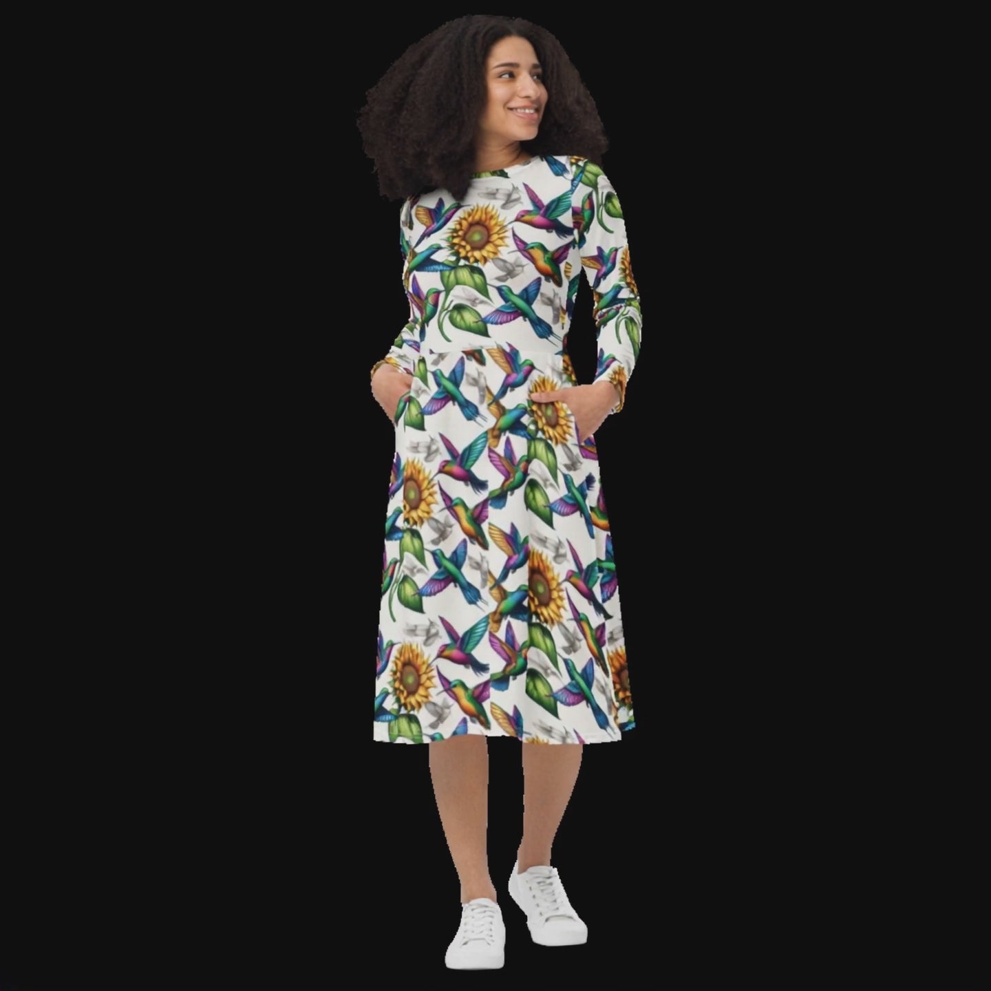 Hummingbirds and Sunflowers All-over print long sleeve midi dress by Gregg Acini Adoree Designs