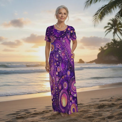 KL-Purple1 Crew Neck Short Sleeve Maxi Dress