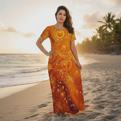 KL-Orange1 Crew Neck Short Sleeve Maxi Dress