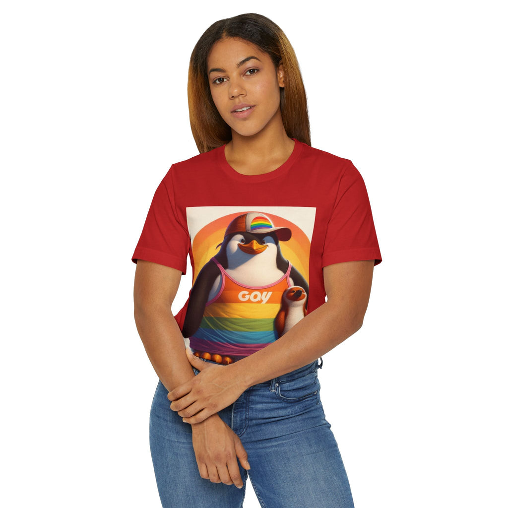 Pride Giant Penguin Unisex Jersey T-Shirt - Colorful Rainbow Graphic Tee - Gregg Acini Adoree Designs - T-Shirt