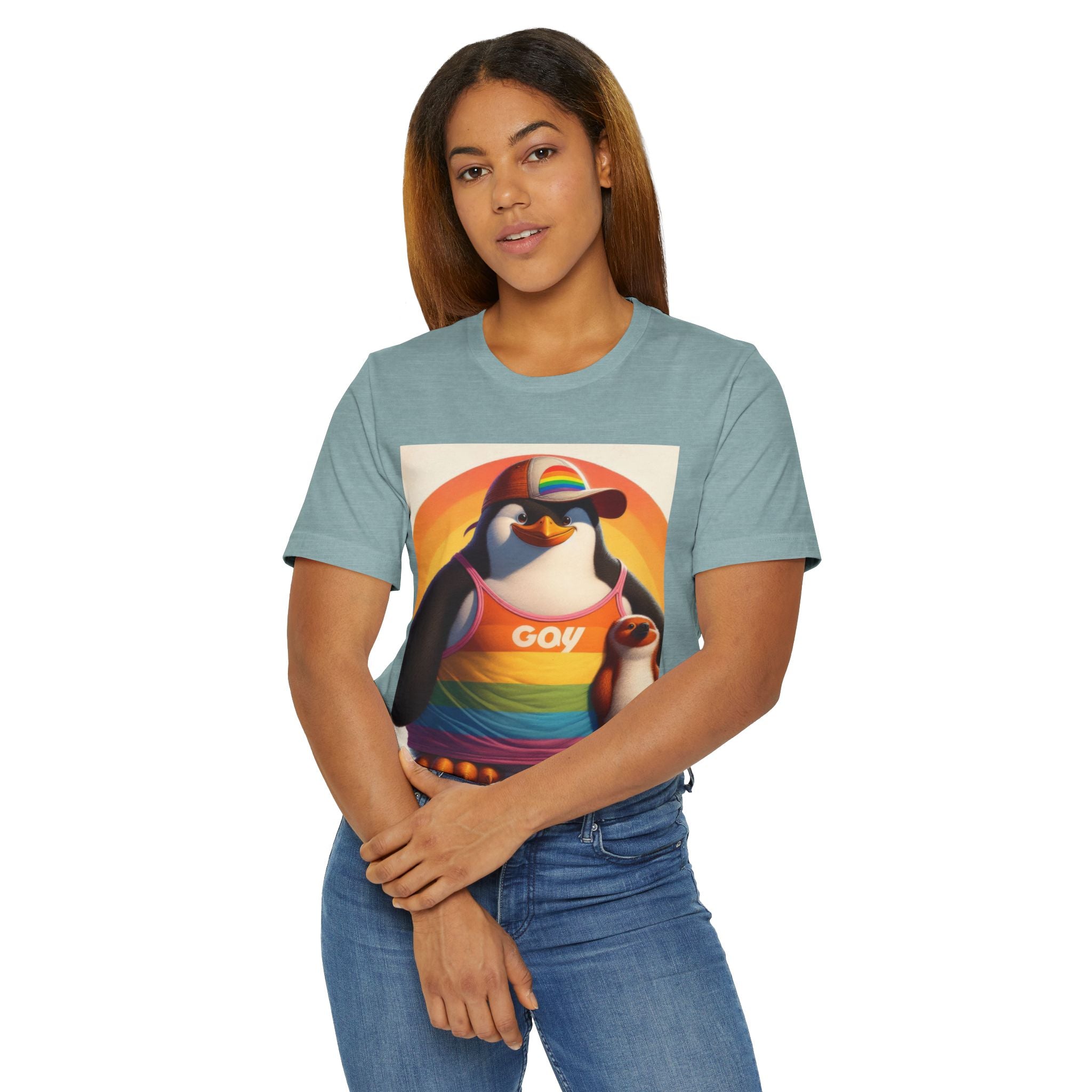 Pride Giant Penguin Unisex Jersey T-Shirt - Colorful Rainbow Graphic Tee - Gregg Acini Adoree Designs - T-Shirt