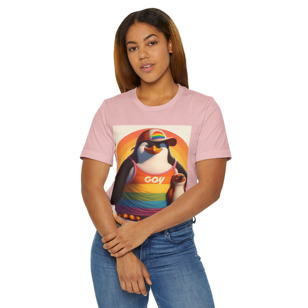 Pride Giant Penguin Unisex Jersey T-Shirt - Colorful Rainbow Graphic Tee - Gregg Acini Adoree Designs - T-Shirt