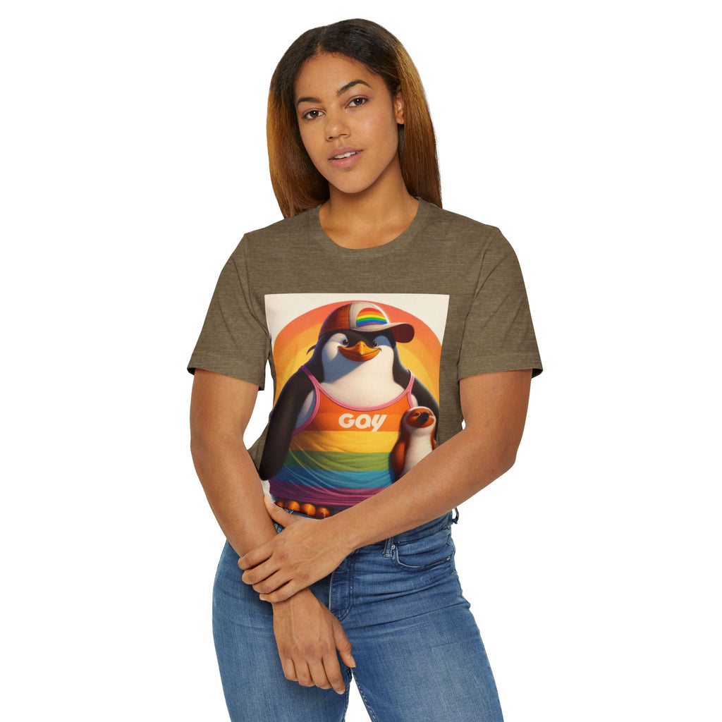 Pride Giant Penguin Unisex Jersey T-Shirt - Colorful Rainbow Graphic Tee - Gregg Acini Adoree Designs - T-Shirt