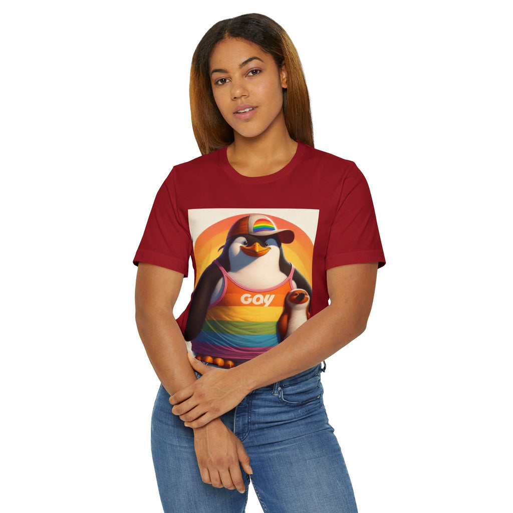 Pride Giant Penguin Unisex Jersey T-Shirt - Colorful Rainbow Graphic Tee - Gregg Acini Adoree Designs - T-Shirt