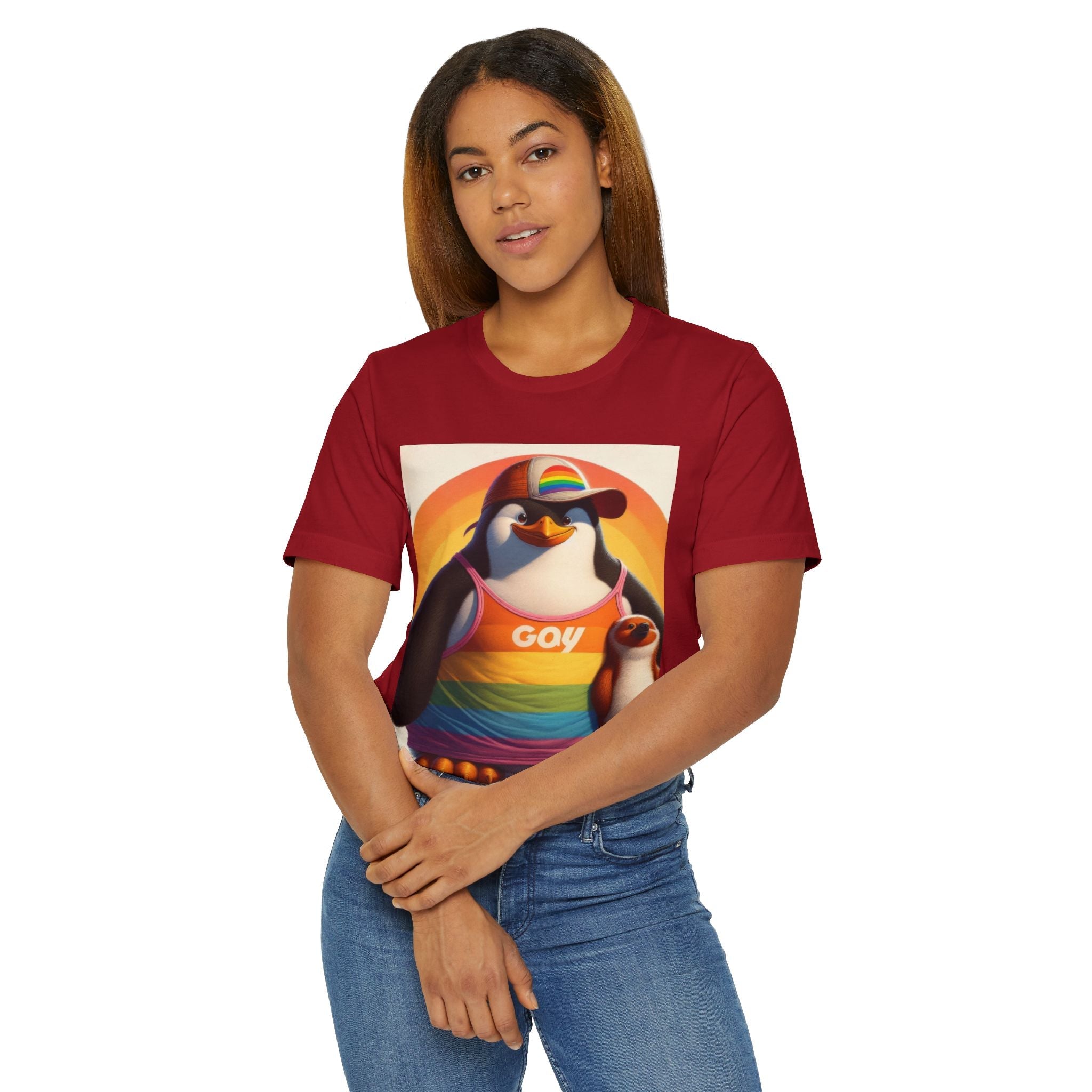 Pride Giant Penguin Unisex Jersey T-Shirt - Colorful Rainbow Graphic Tee - Gregg Acini Adoree Designs - T-Shirt