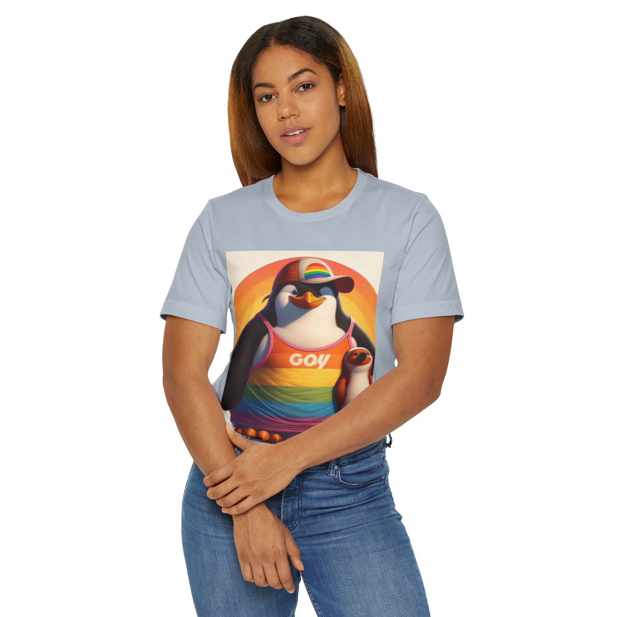 Pride Giant Penguin Unisex Jersey T-Shirt - Colorful Rainbow Graphic Tee - Gregg Acini Adoree Designs - T-Shirt