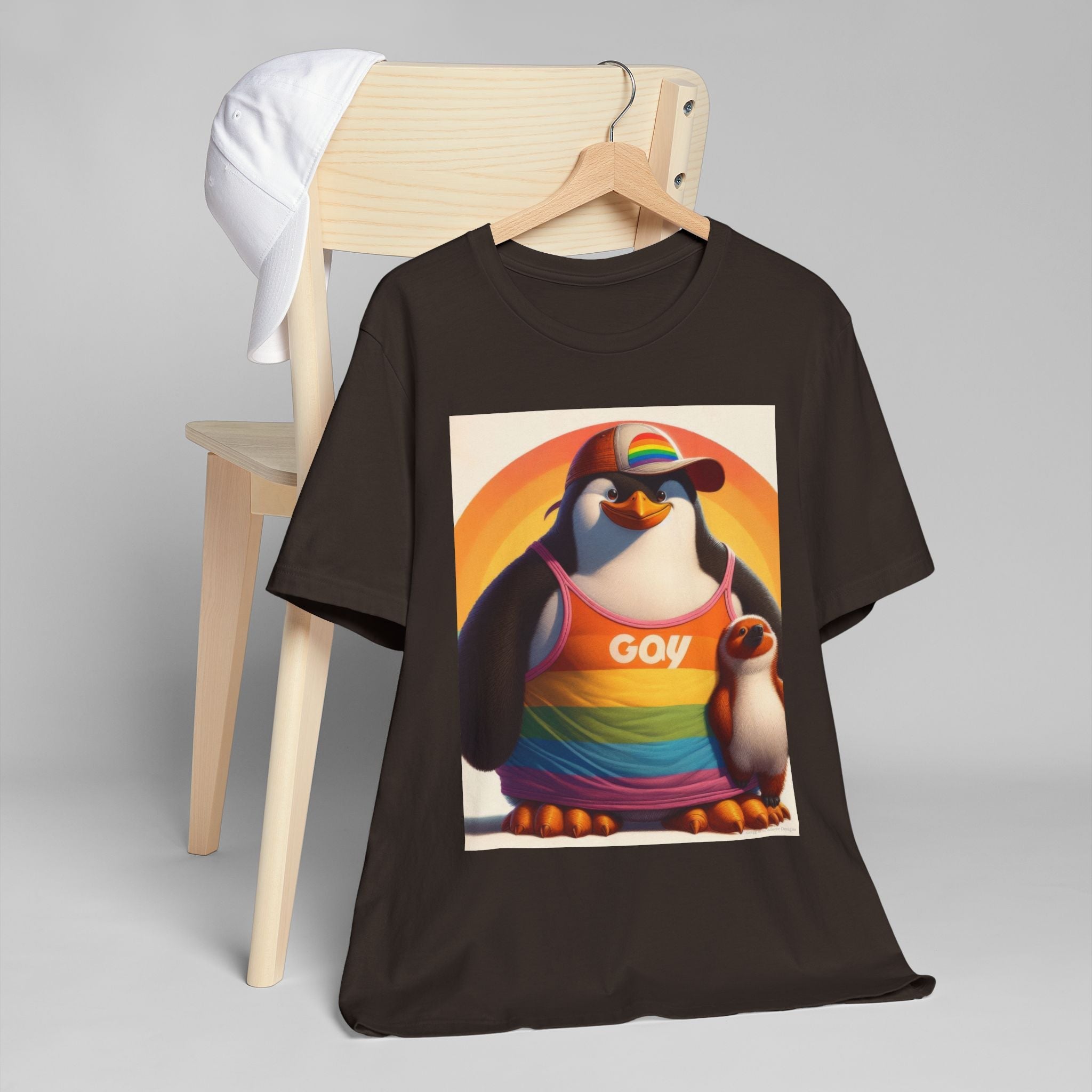 Pride Giant Penguin Unisex Jersey T-Shirt - Colorful Rainbow Graphic Tee - Gregg Acini Adoree Designs - T-Shirt