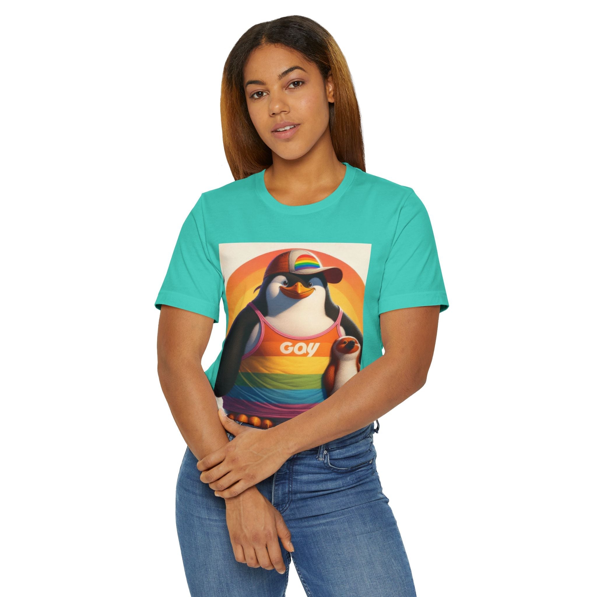 Pride Giant Penguin Unisex Jersey T-Shirt - Colorful Rainbow Graphic Tee - Gregg Acini Adoree Designs - T-Shirt