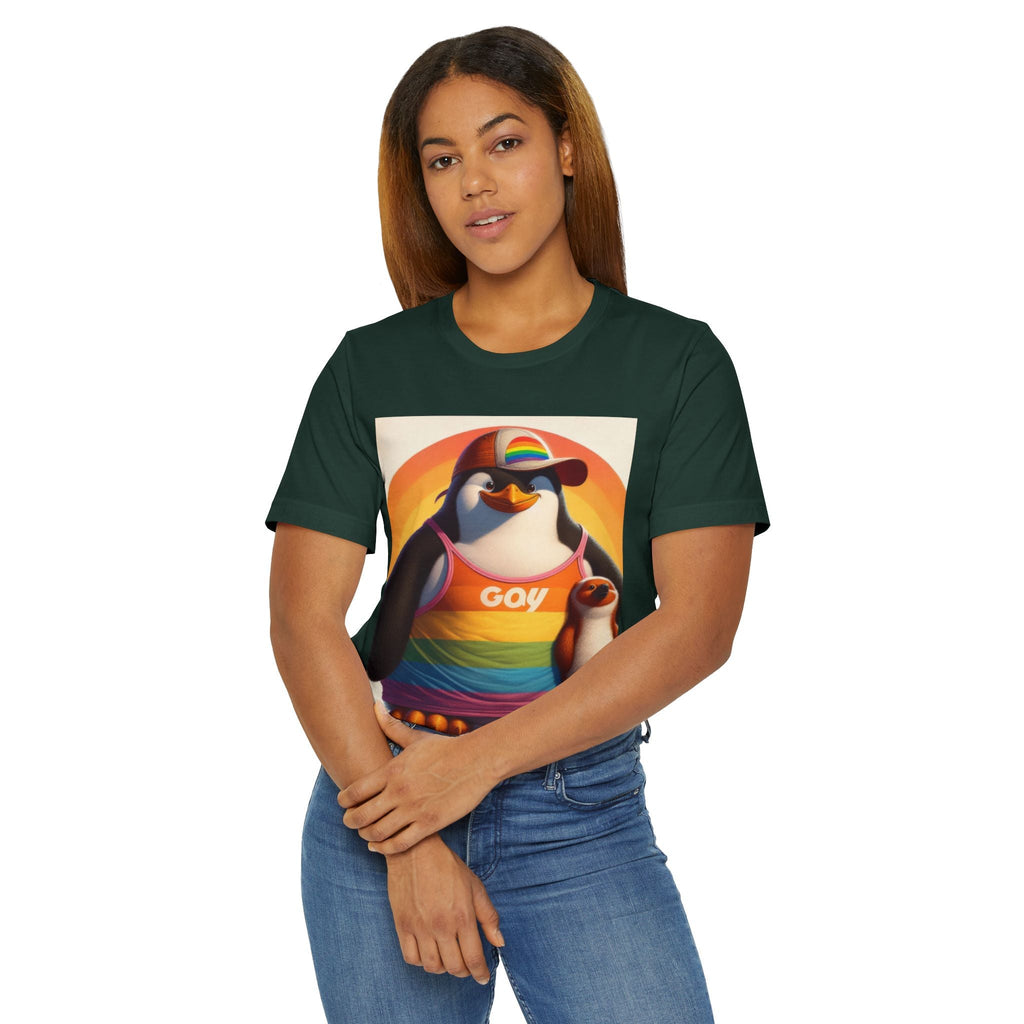 Pride Giant Penguin Unisex Jersey T-Shirt - Colorful Rainbow Graphic Tee - Gregg Acini Adoree Designs - T-Shirt