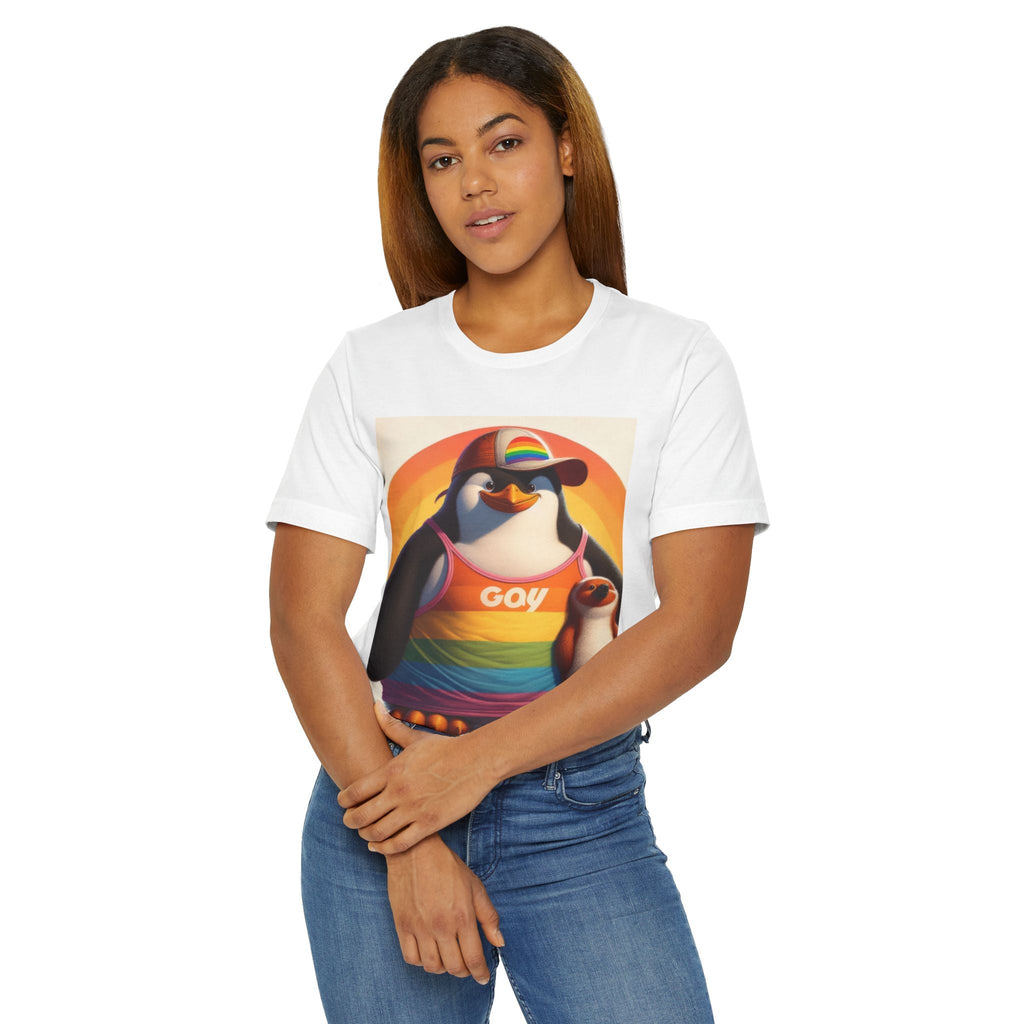 Pride Giant Penguin Unisex Jersey T-Shirt - Colorful Rainbow Graphic Tee - Gregg Acini Adoree Designs - T-Shirt