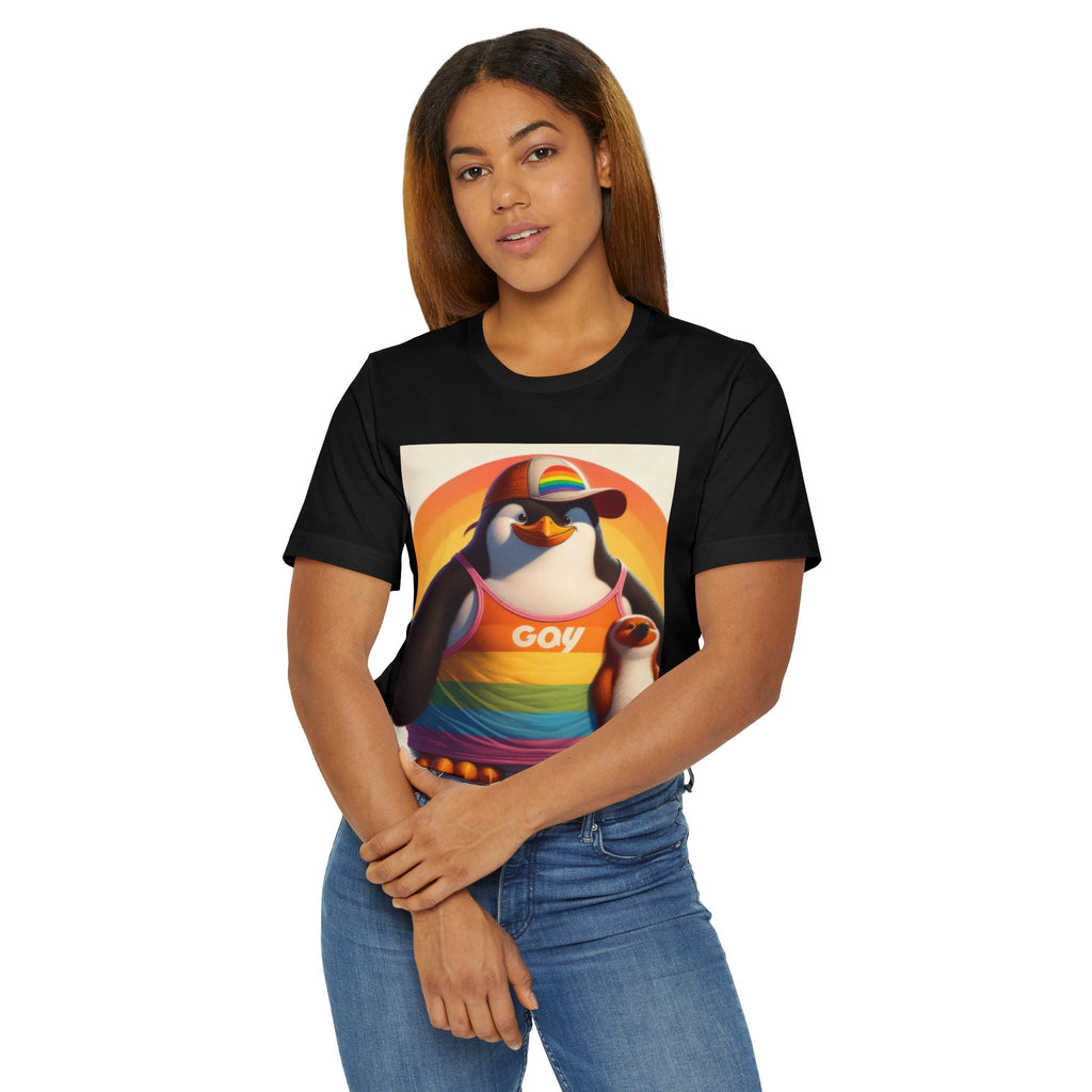 Pride Giant Penguin Unisex Jersey T-Shirt - Colorful Rainbow Graphic Tee - Gregg Acini Adoree Designs - T-Shirt