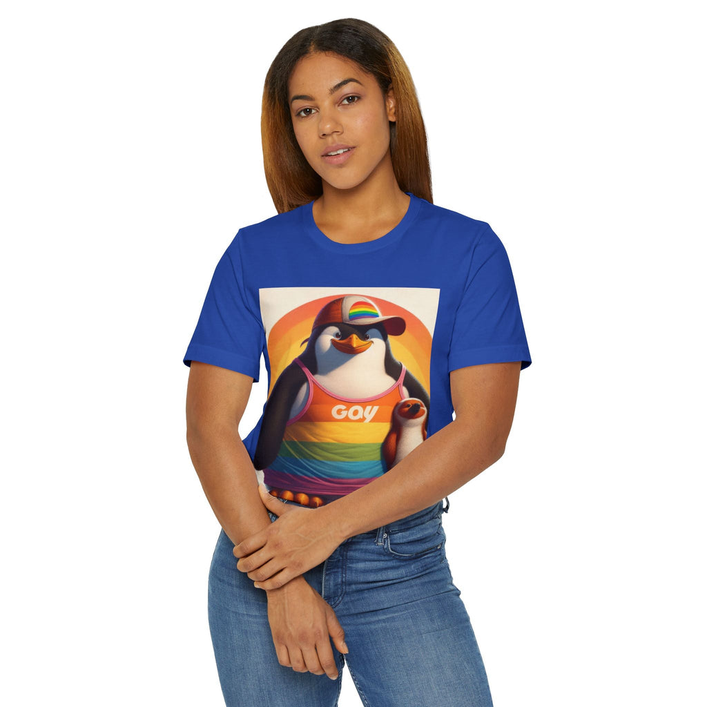 Pride Giant Penguin Unisex Jersey T-Shirt - Colorful Rainbow Graphic Tee - Gregg Acini Adoree Designs - T-Shirt