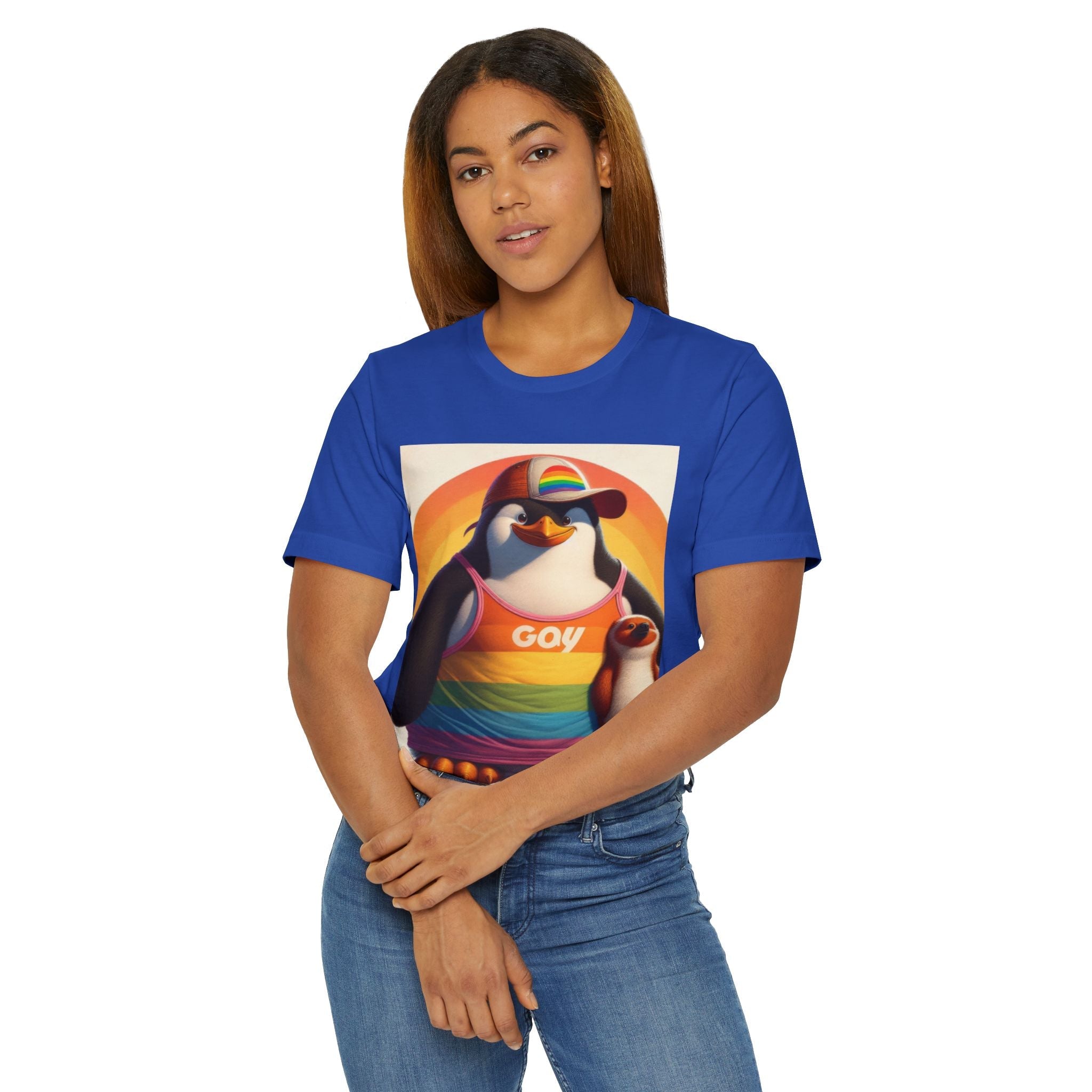 Pride Giant Penguin Unisex Jersey T-Shirt - Colorful Rainbow Graphic Tee - Gregg Acini Adoree Designs - T-Shirt