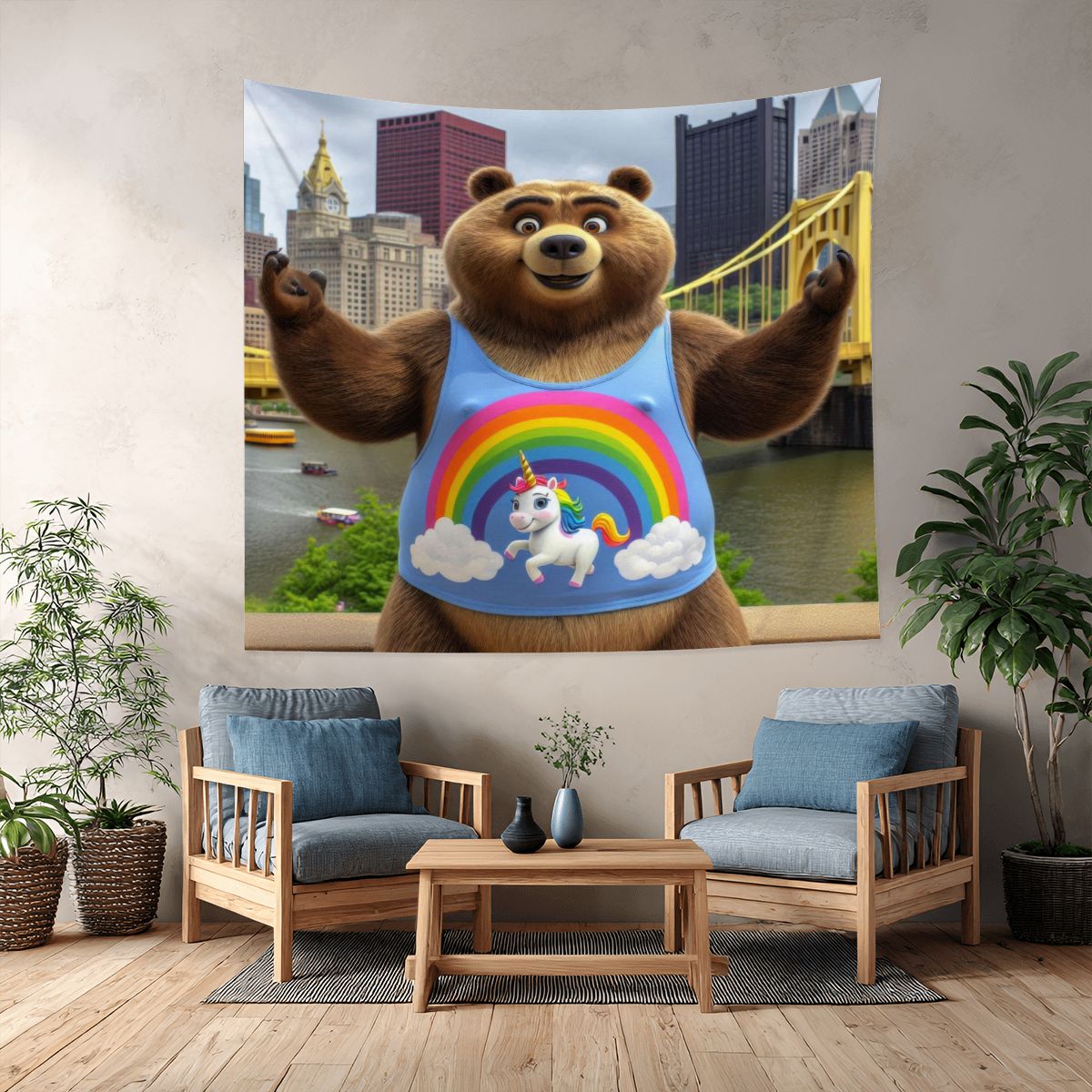 Proud Bear in the City Lightweight Wall Tapestry (Fabric Wall Hanging - USA) - Gregg Acini Adoree Designs - Wall Coverings