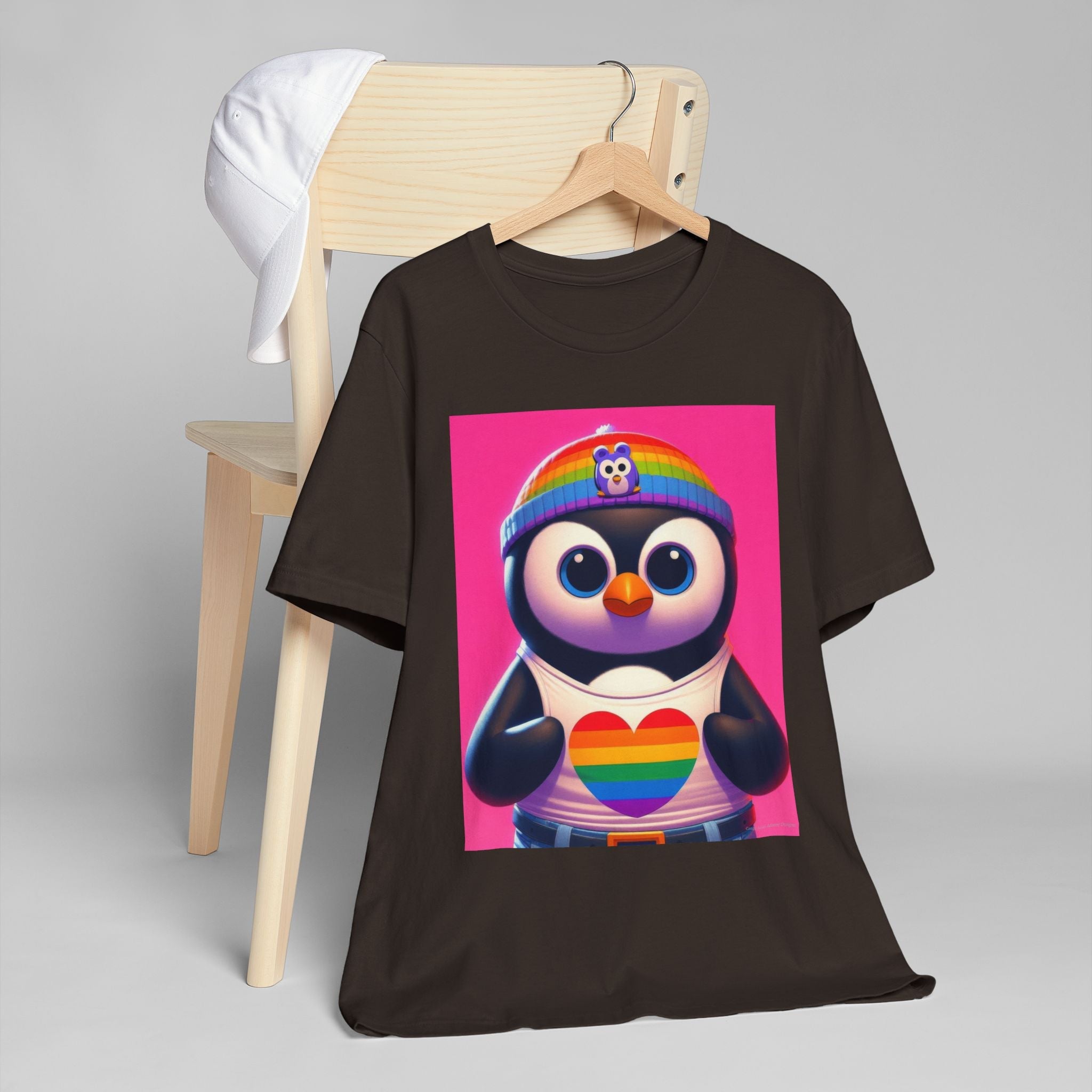 Proud Luz the Penguin Unisex Jersey T-Shirt - Colorful Rainbow Graphic Tee - Gregg Acini Adoree Designs - T-Shirt
