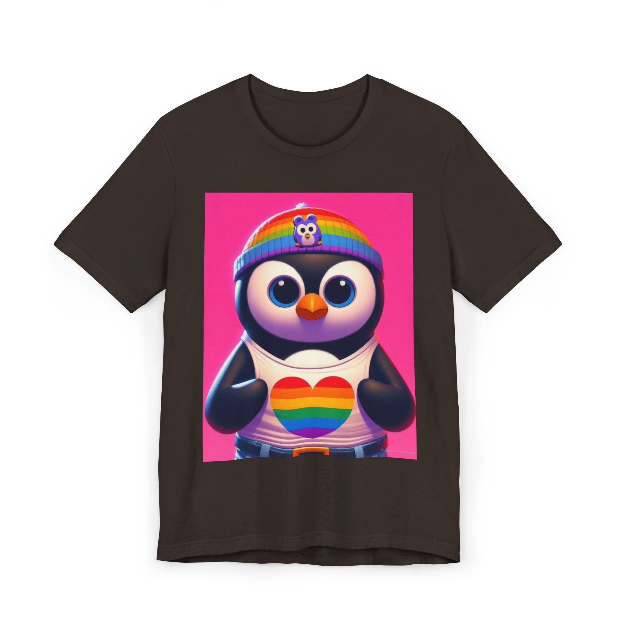 Proud Luz the Penguin Unisex Jersey T-Shirt - Colorful Rainbow Graphic Tee - Gregg Acini Adoree Designs - T-Shirt
