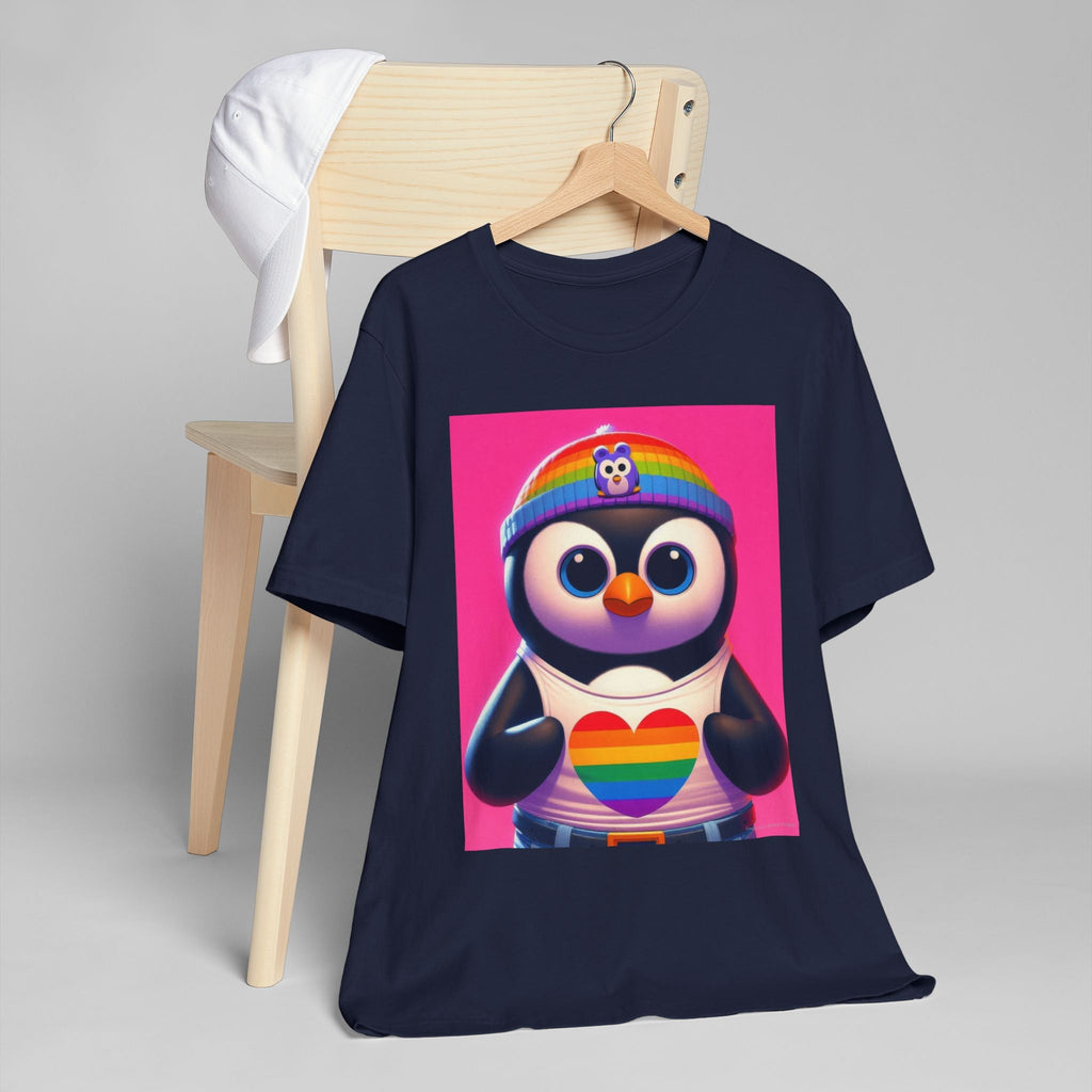 Proud Luz the Penguin Unisex Jersey T-Shirt - Colorful Rainbow Graphic Tee - Gregg Acini Adoree Designs - T-Shirt