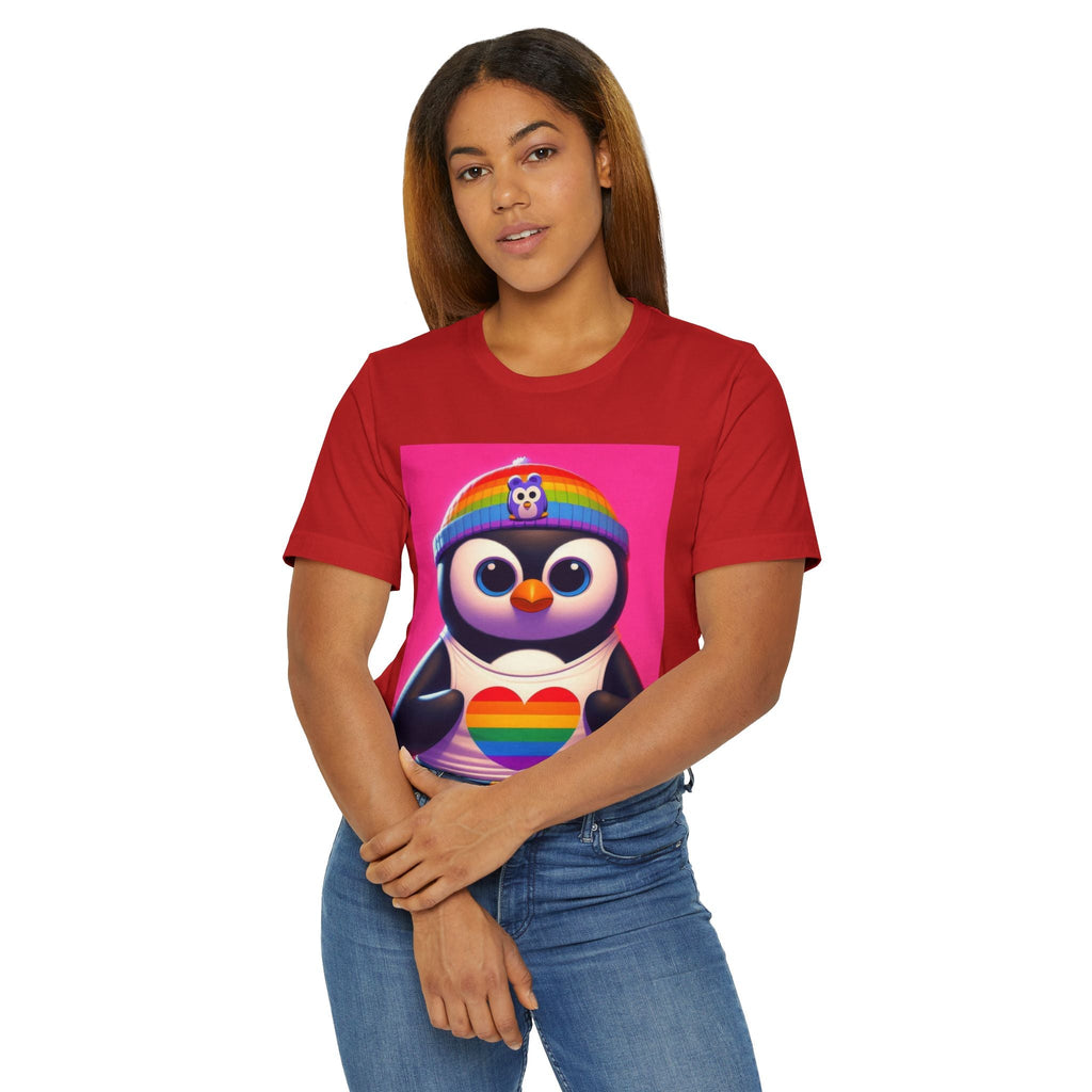 Proud Luz the Penguin Unisex Jersey T-Shirt - Colorful Rainbow Graphic Tee - Gregg Acini Adoree Designs - T-Shirt