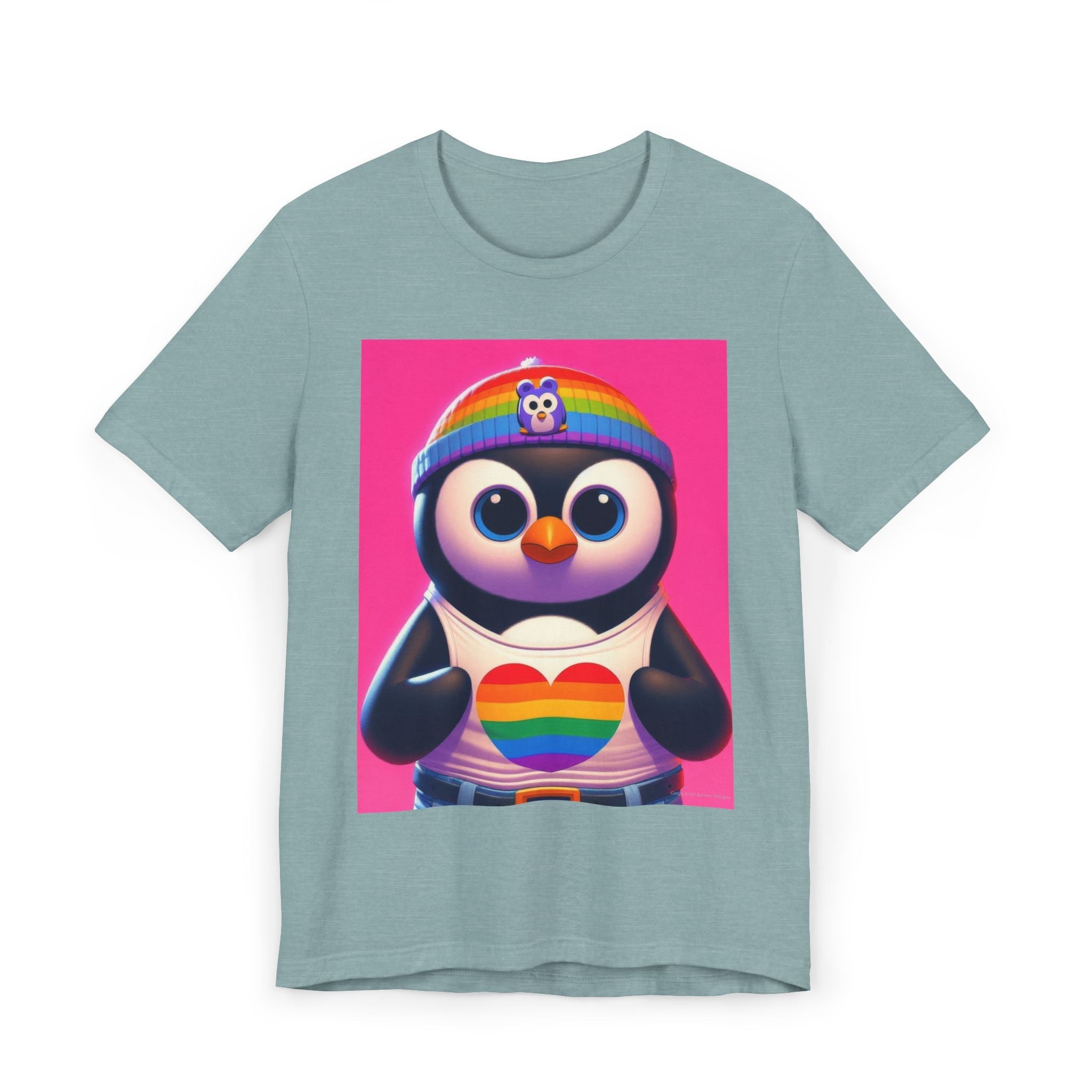 Proud Luz the Penguin Unisex Jersey T-Shirt - Colorful Rainbow Graphic Tee - Gregg Acini Adoree Designs - T-Shirt