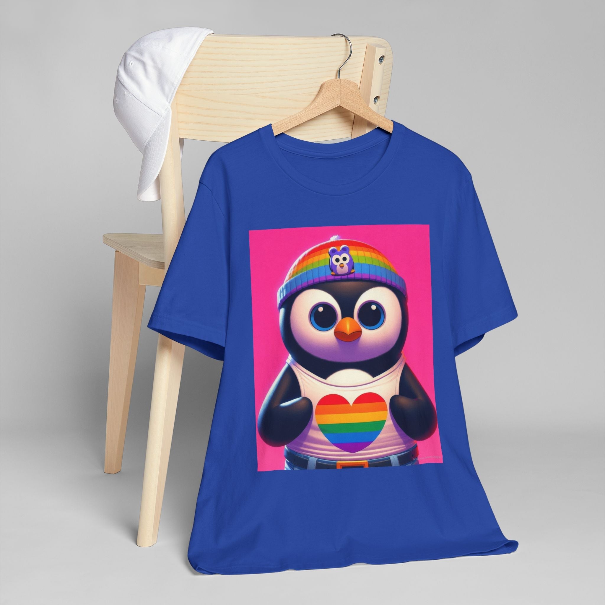 Proud Luz the Penguin Unisex Jersey T-Shirt - Colorful Rainbow Graphic Tee - Gregg Acini Adoree Designs - T-Shirt