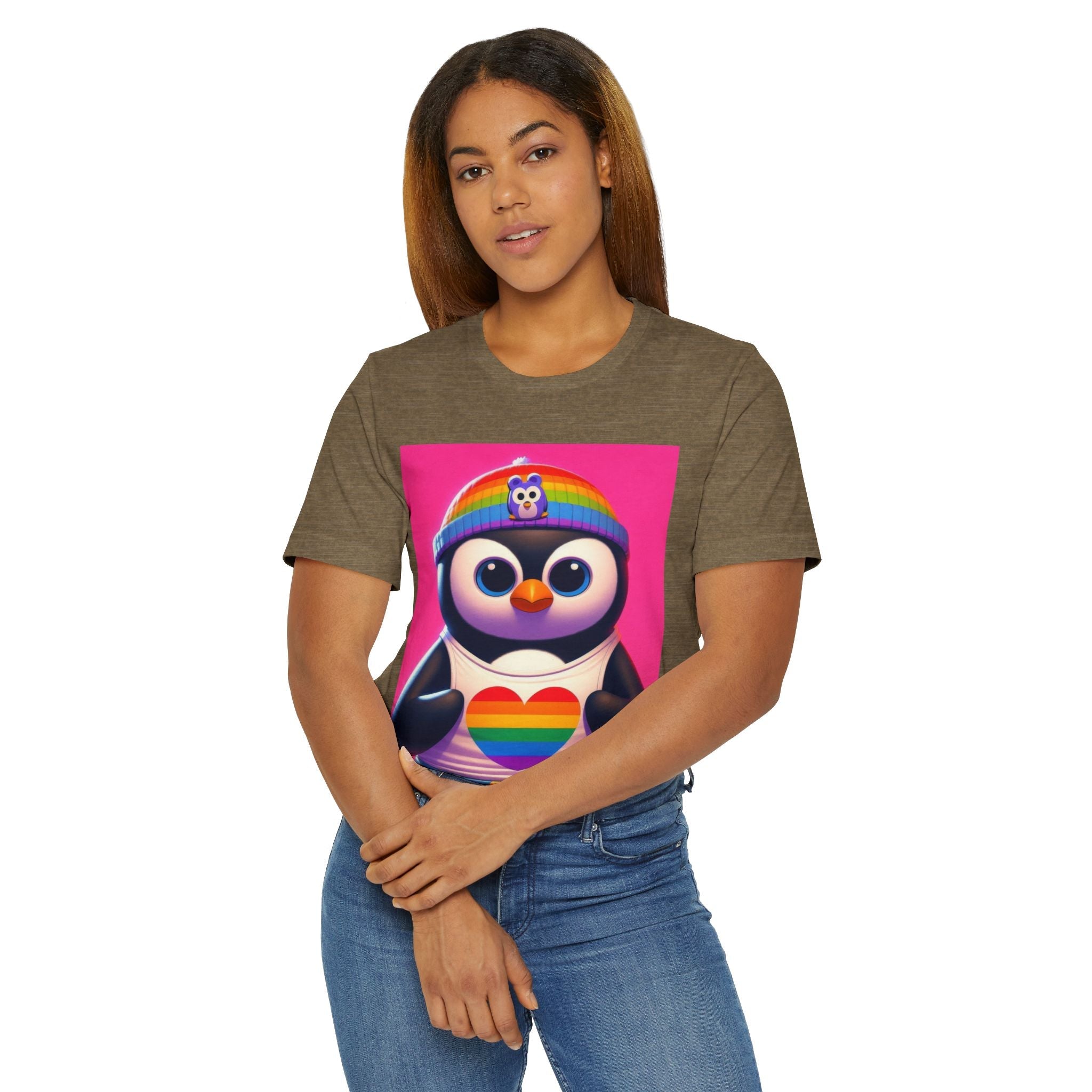 Proud Luz the Penguin Unisex Jersey T-Shirt - Colorful Rainbow Graphic Tee - Gregg Acini Adoree Designs - T-Shirt