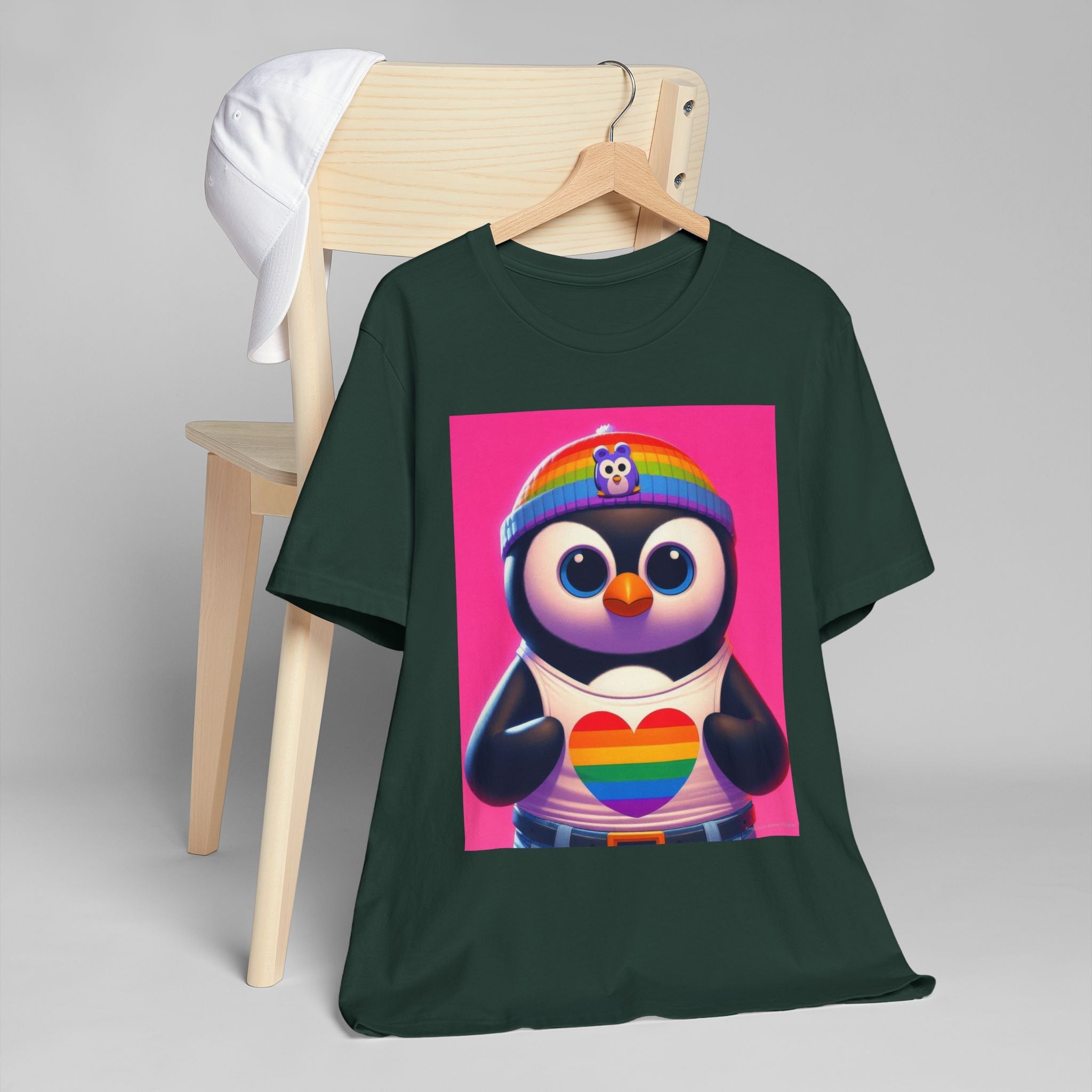 Proud Luz the Penguin Unisex Jersey T-Shirt - Colorful Rainbow Graphic Tee - Gregg Acini Adoree Designs - T-Shirt