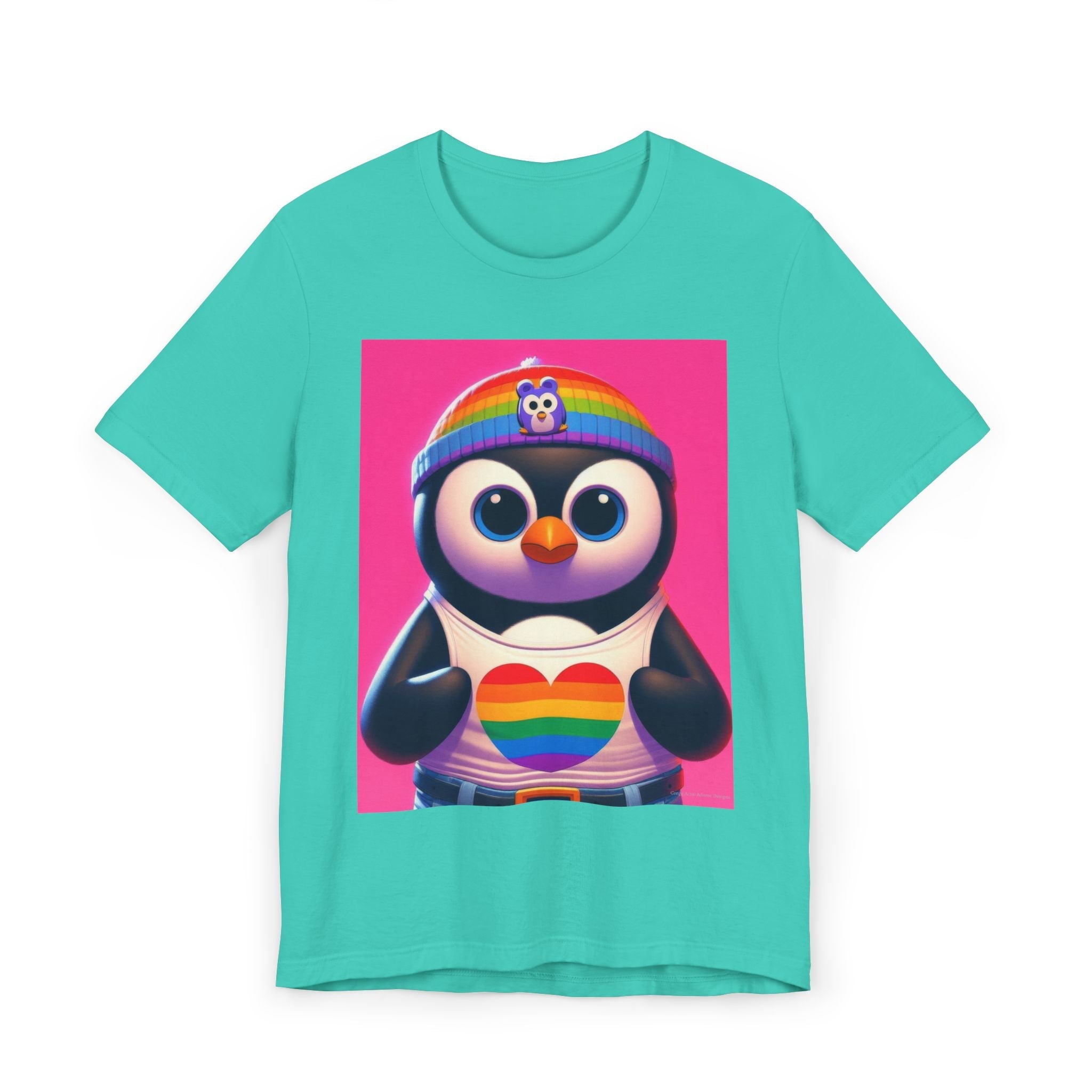 Proud Luz the Penguin Unisex Jersey T-Shirt - Colorful Rainbow Graphic Tee - Gregg Acini Adoree Designs - T-Shirt
