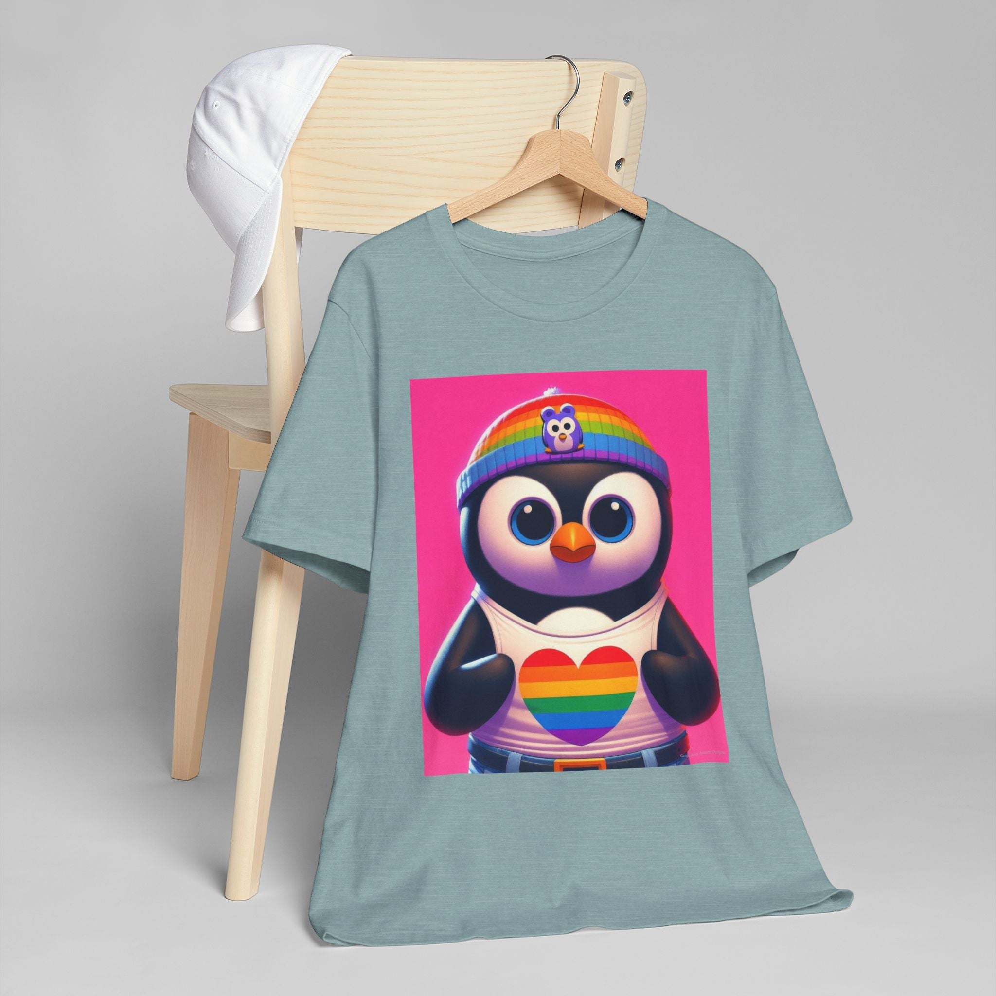 Proud Luz the Penguin Unisex Jersey T-Shirt - Colorful Rainbow Graphic Tee - Gregg Acini Adoree Designs - T-Shirt