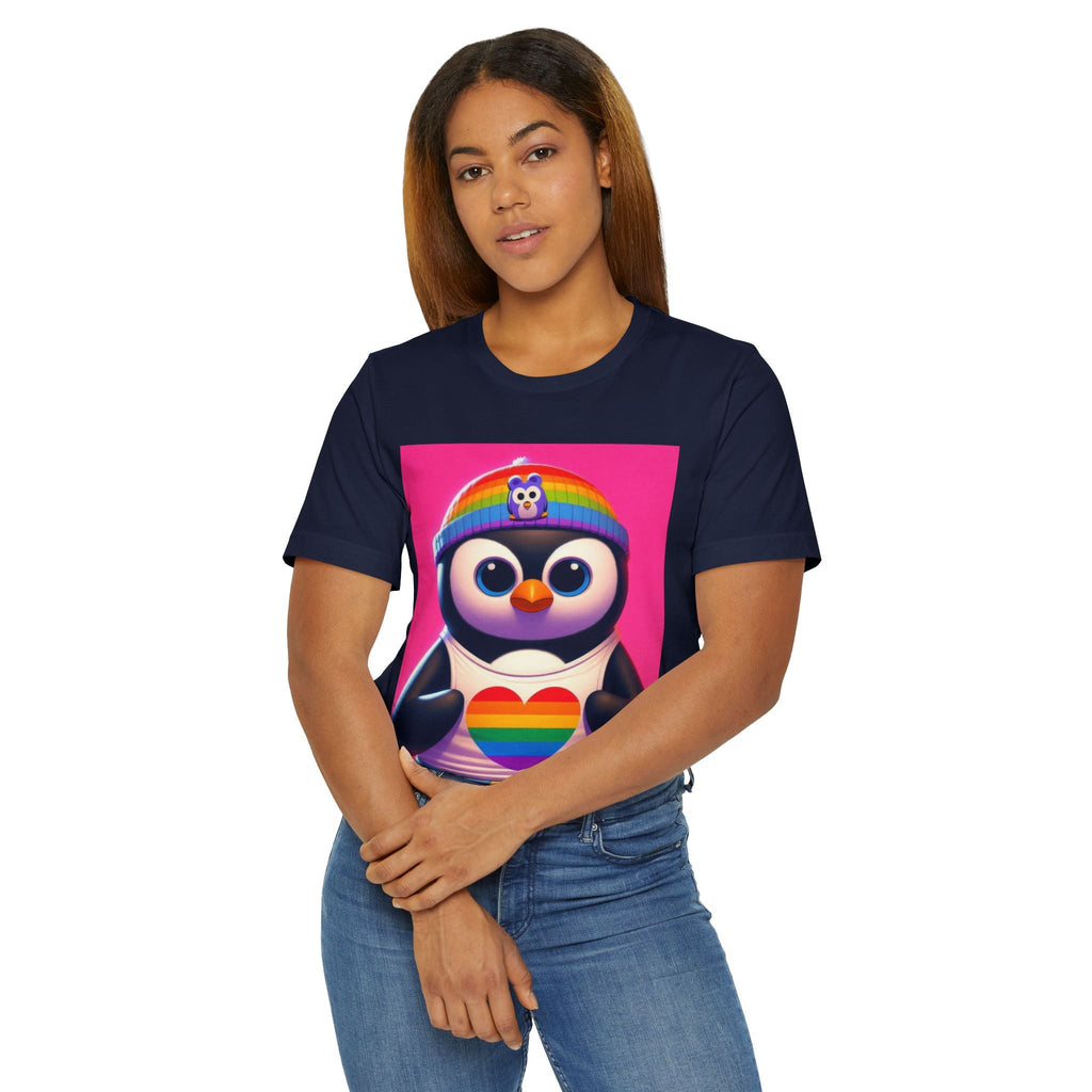 Proud Luz the Penguin Unisex Jersey T-Shirt - Colorful Rainbow Graphic Tee - Gregg Acini Adoree Designs - T-Shirt