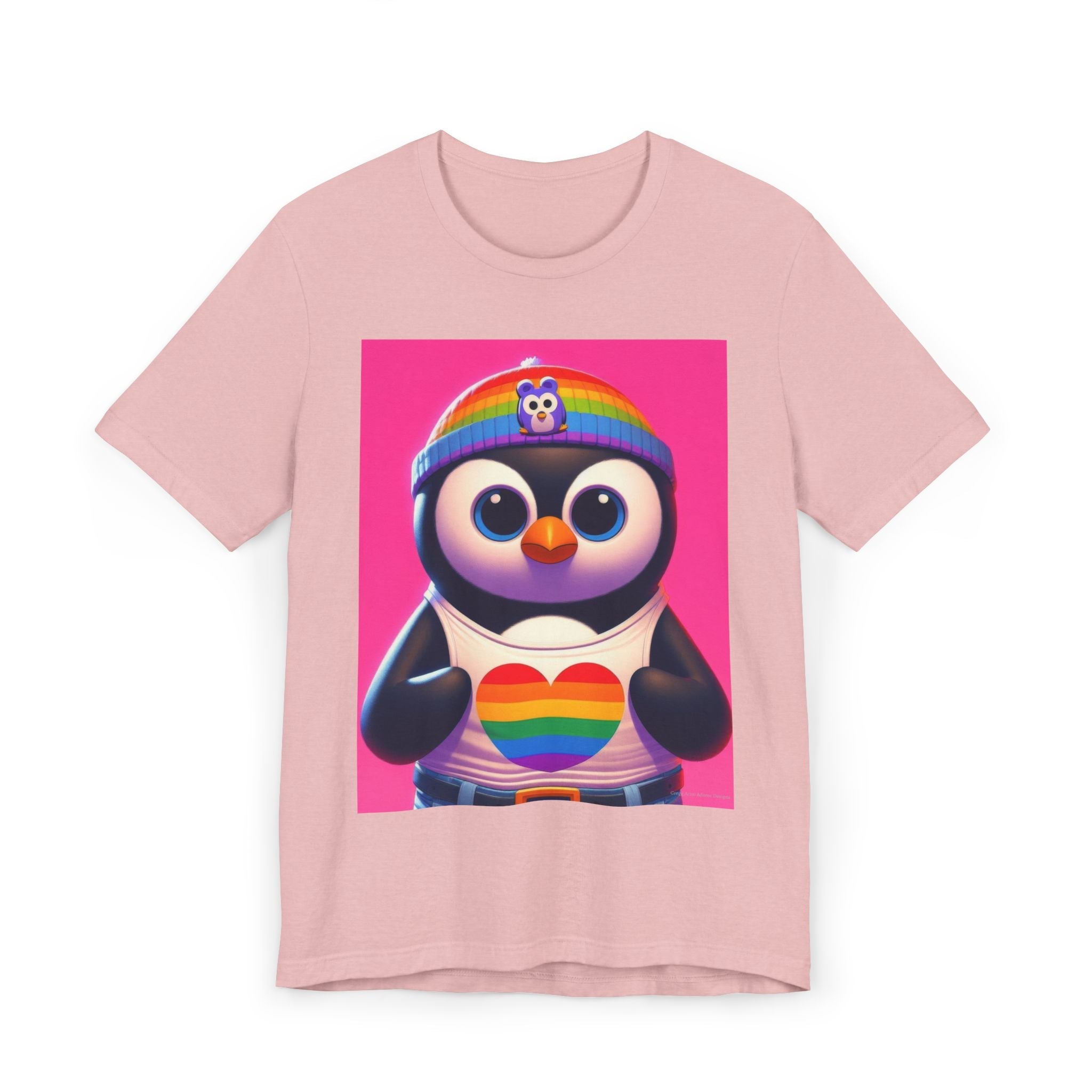 Proud Luz the Penguin Unisex Jersey T-Shirt - Colorful Rainbow Graphic Tee - Gregg Acini Adoree Designs - T-Shirt