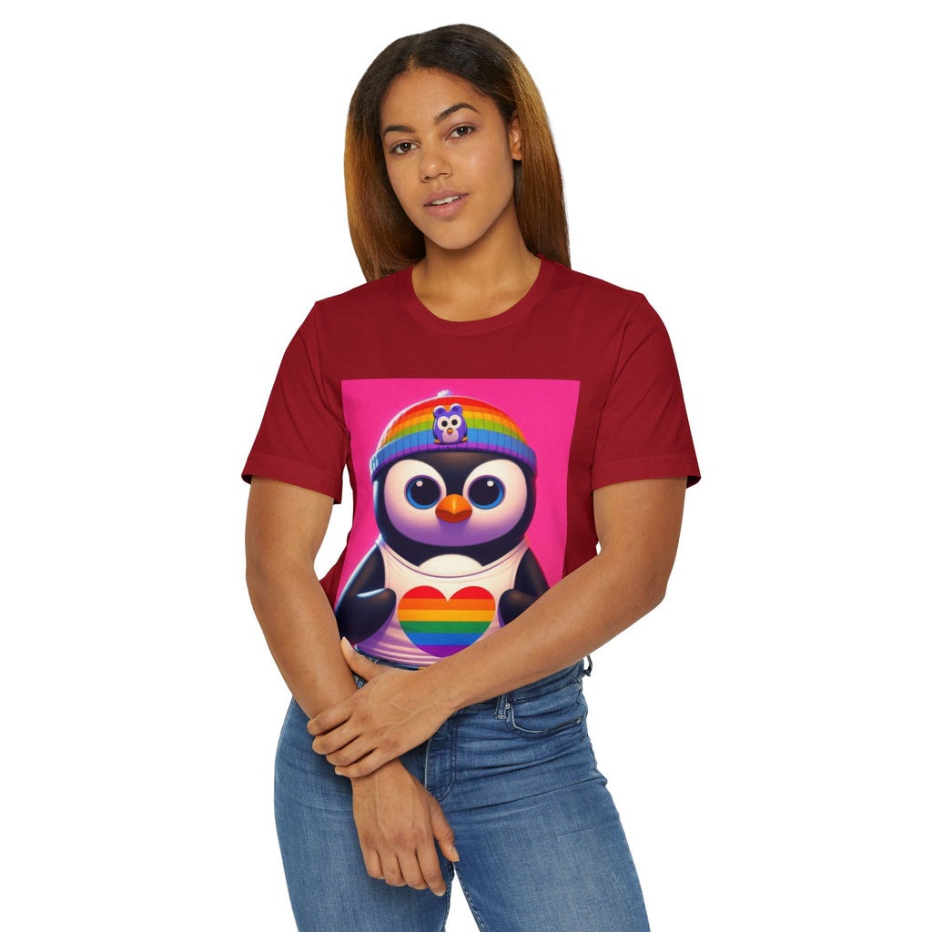 Proud Luz the Penguin Unisex Jersey T-Shirt - Colorful Rainbow Graphic Tee - Gregg Acini Adoree Designs - T-Shirt