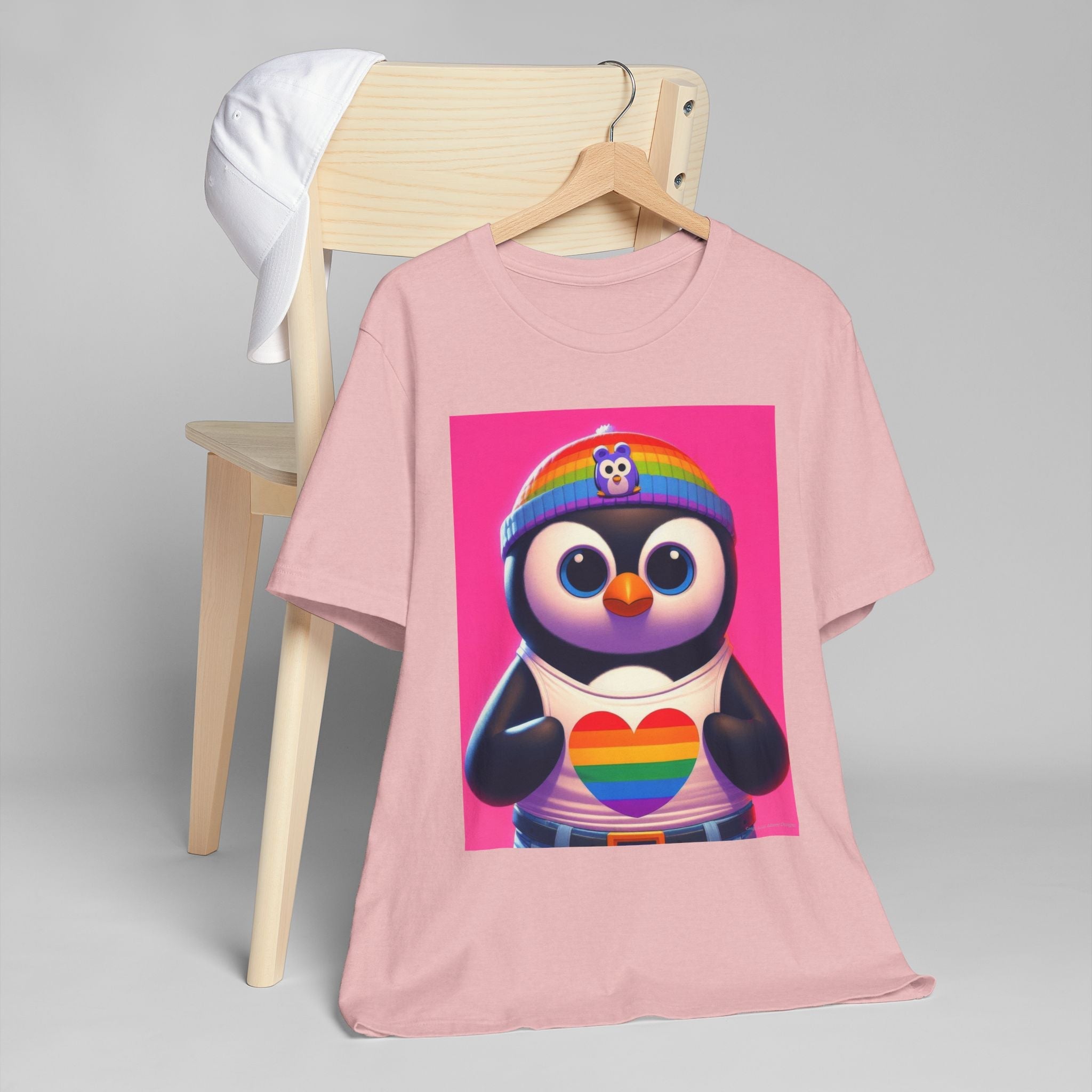 Proud Luz the Penguin Unisex Jersey T-Shirt - Colorful Rainbow Graphic Tee - Gregg Acini Adoree Designs - T-Shirt