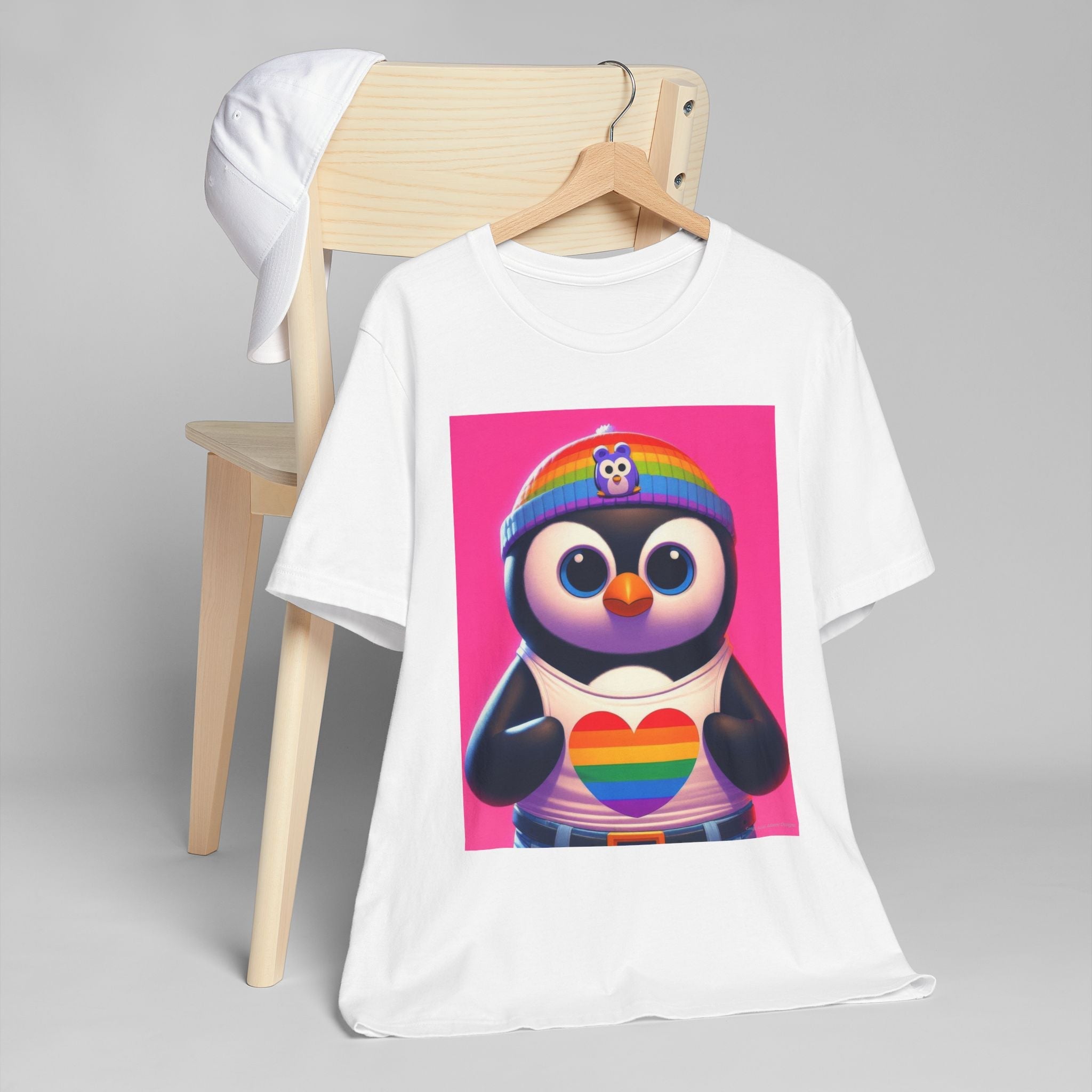 Proud Luz the Penguin Unisex Jersey T-Shirt - Colorful Rainbow Graphic Tee - Gregg Acini Adoree Designs - T-Shirt